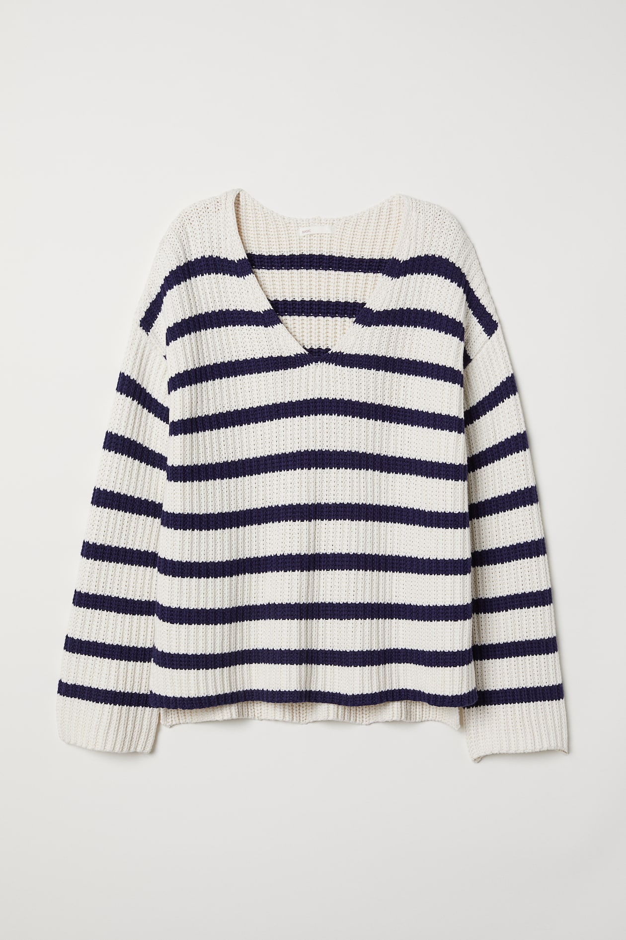 Rib-knit Sweater - V-neck - Long sleeve - Natural white/dark blue ...