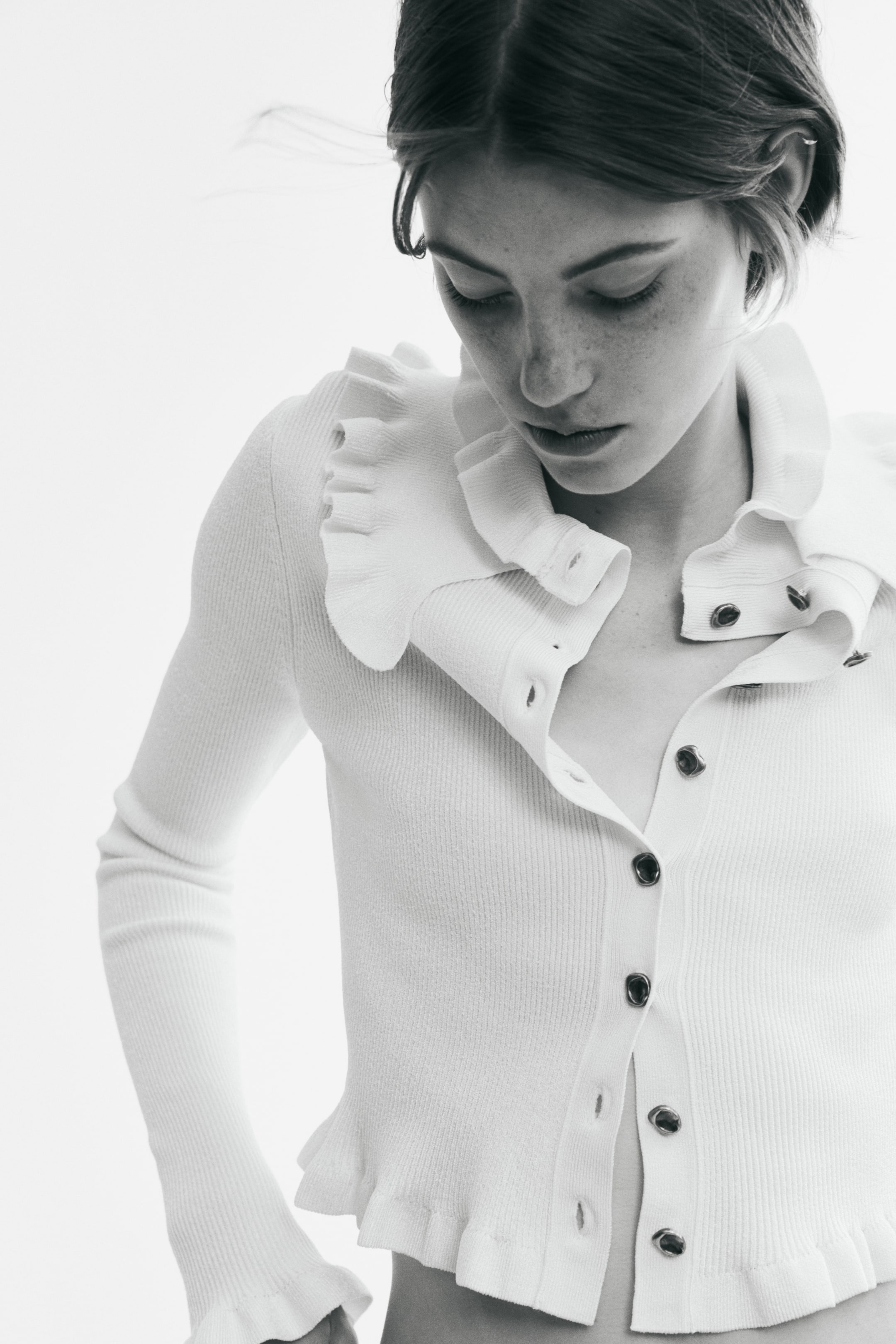 Ruffle-Trimmed Rib-Knit Top