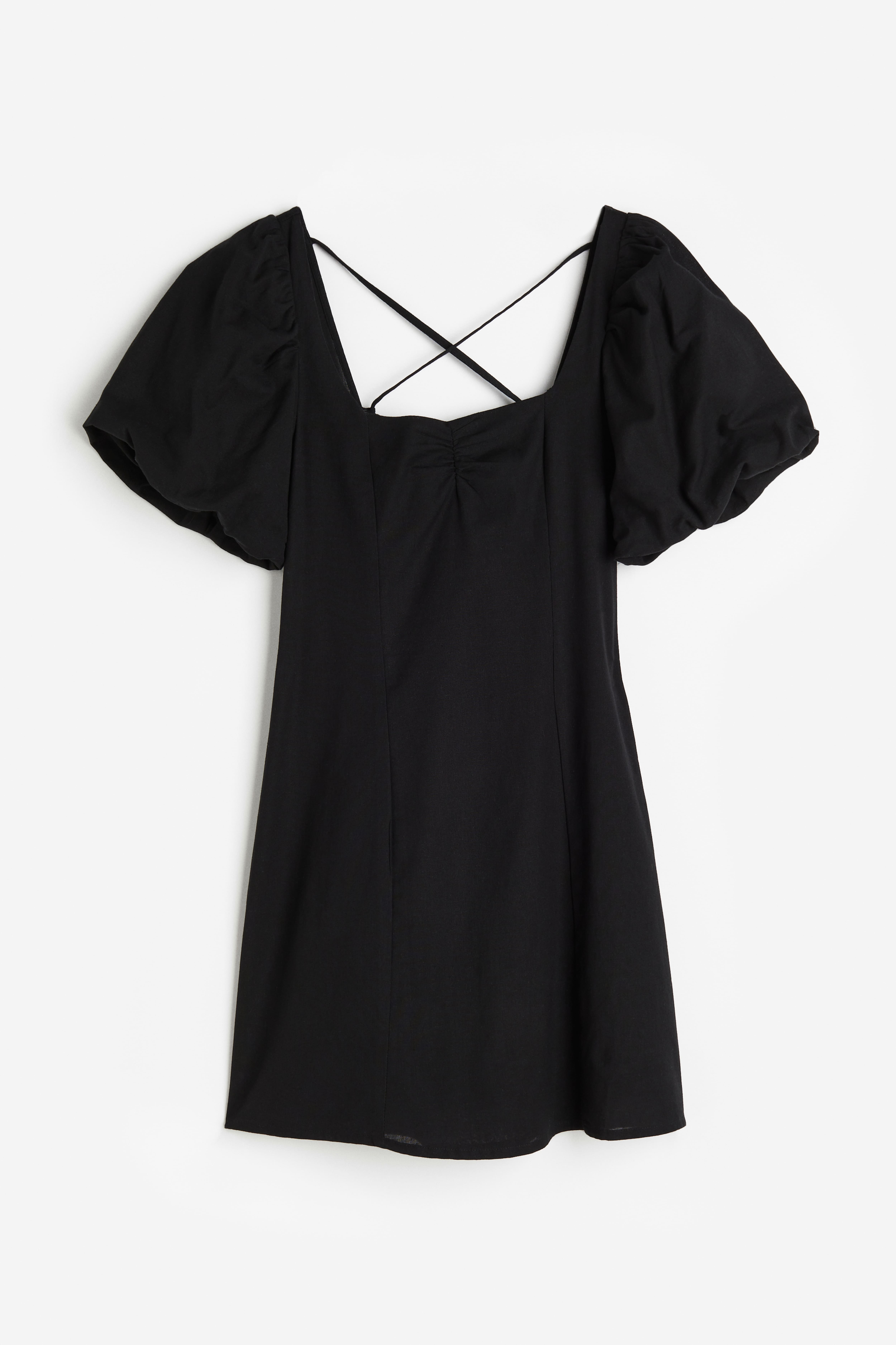 Puff-sleeved Dress - Square Neckline - Short sleeve - Black - Ladies | H&M  US