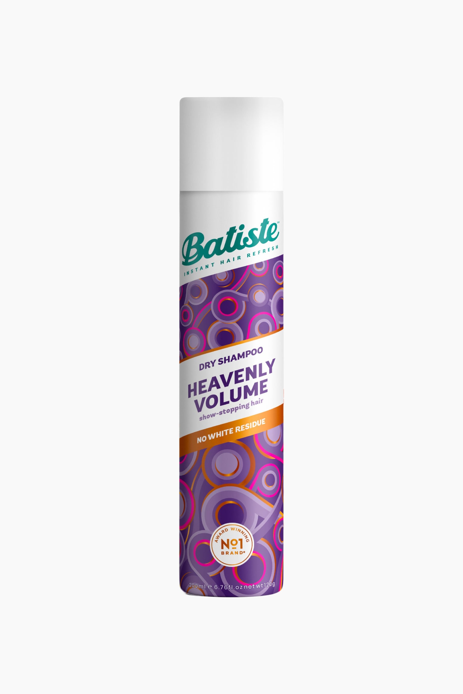 En cylindrisk aerosoldÃ¥se med Batiste Heavenly Volume Dry Shampoo stÃ¥r oprejst i en frontvendt position og har en hvid plastikhÃ¦tte pÃ¥ toppen. DÃ¥sens krop viser et abstrakt swirl-mÃ¸nster i lilla og pink, med det grÃ¸nne Batiste-logo Ã¸verst og centralt placeret tekst med ordene "HEAVENLY VOLUME" og "NO WHITE RESIDUE." - 1