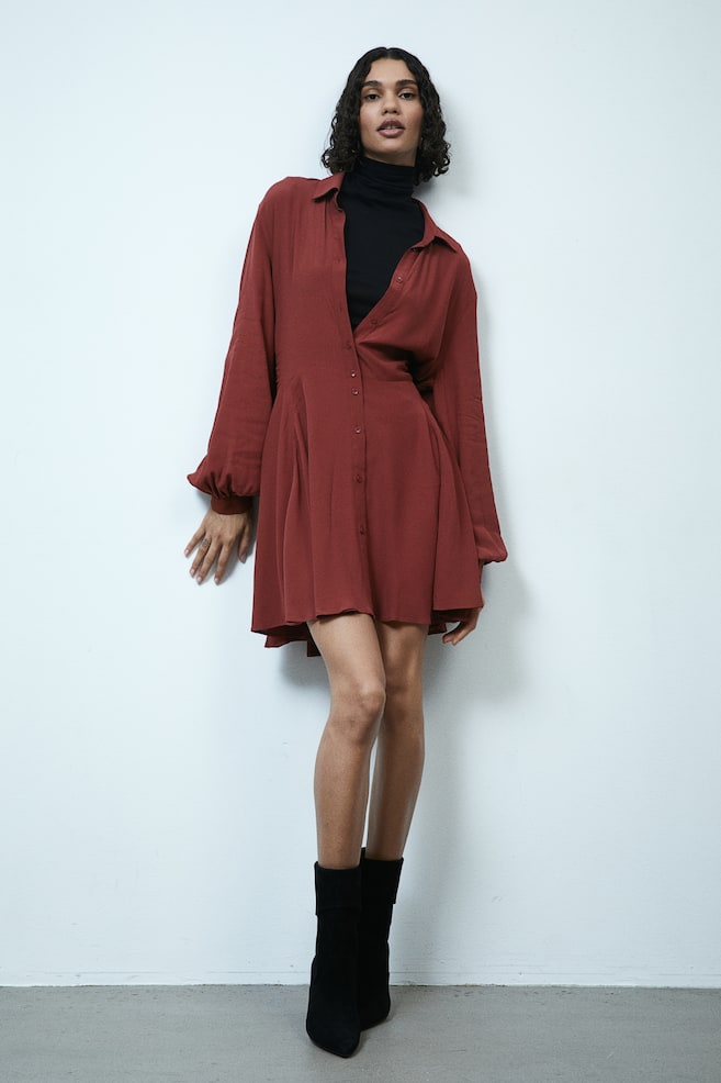 Crêpe shirt dress - Brick red/Black/Patterned - 5