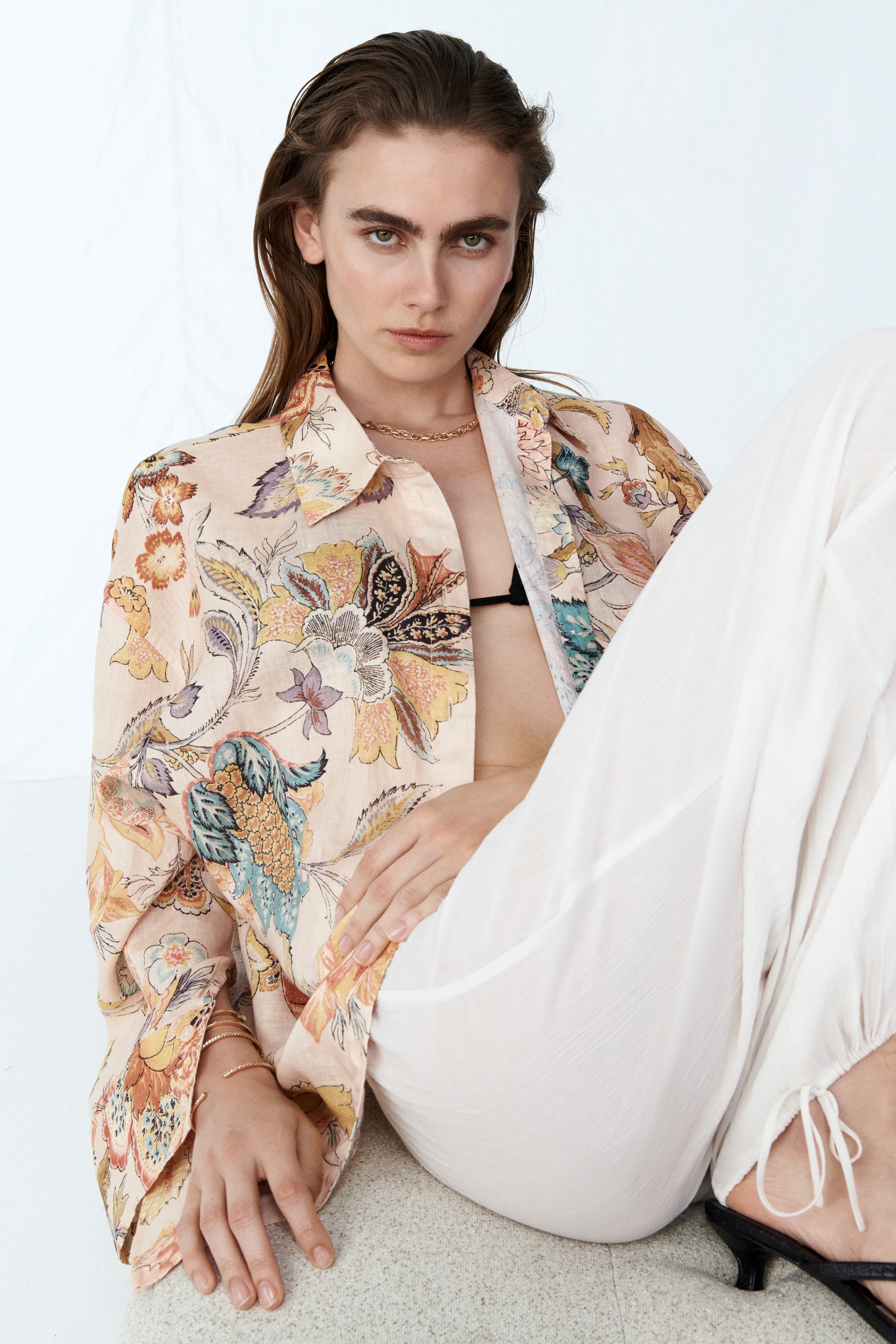 Oversized skjorte i lin-Lys beige/Blomstret
