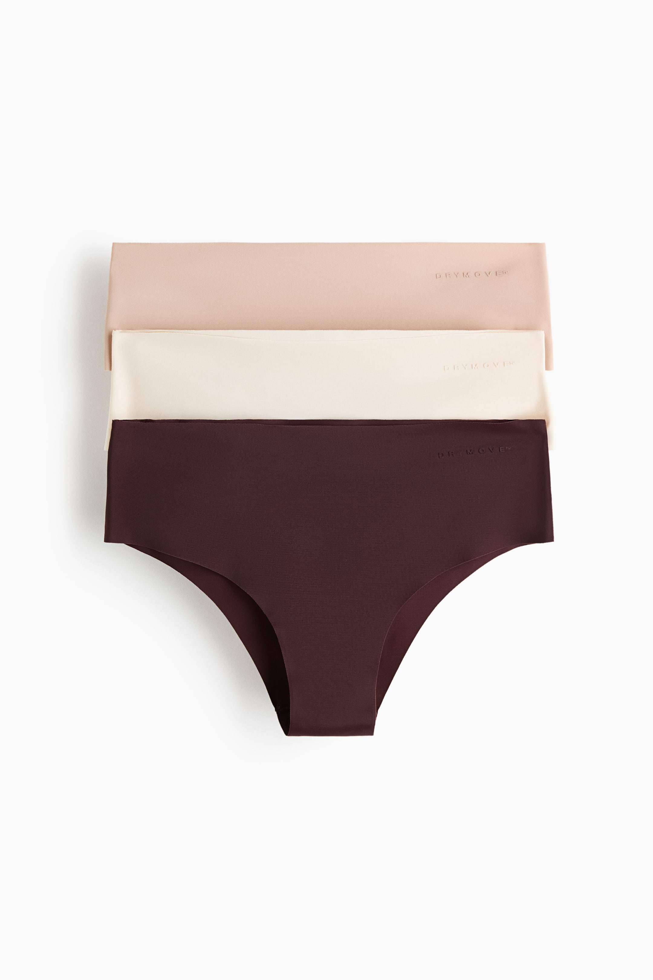 View larger image: Three pairs of seamless underwear are arranged in a layered fashion, facing forward. The top pair is in a light peach hue, the middle is off-white, and the bottom is a rich dark brown. Each pair prominently features the "DRYMOVE" logo on the waistband and showcases a high-leg cut design.