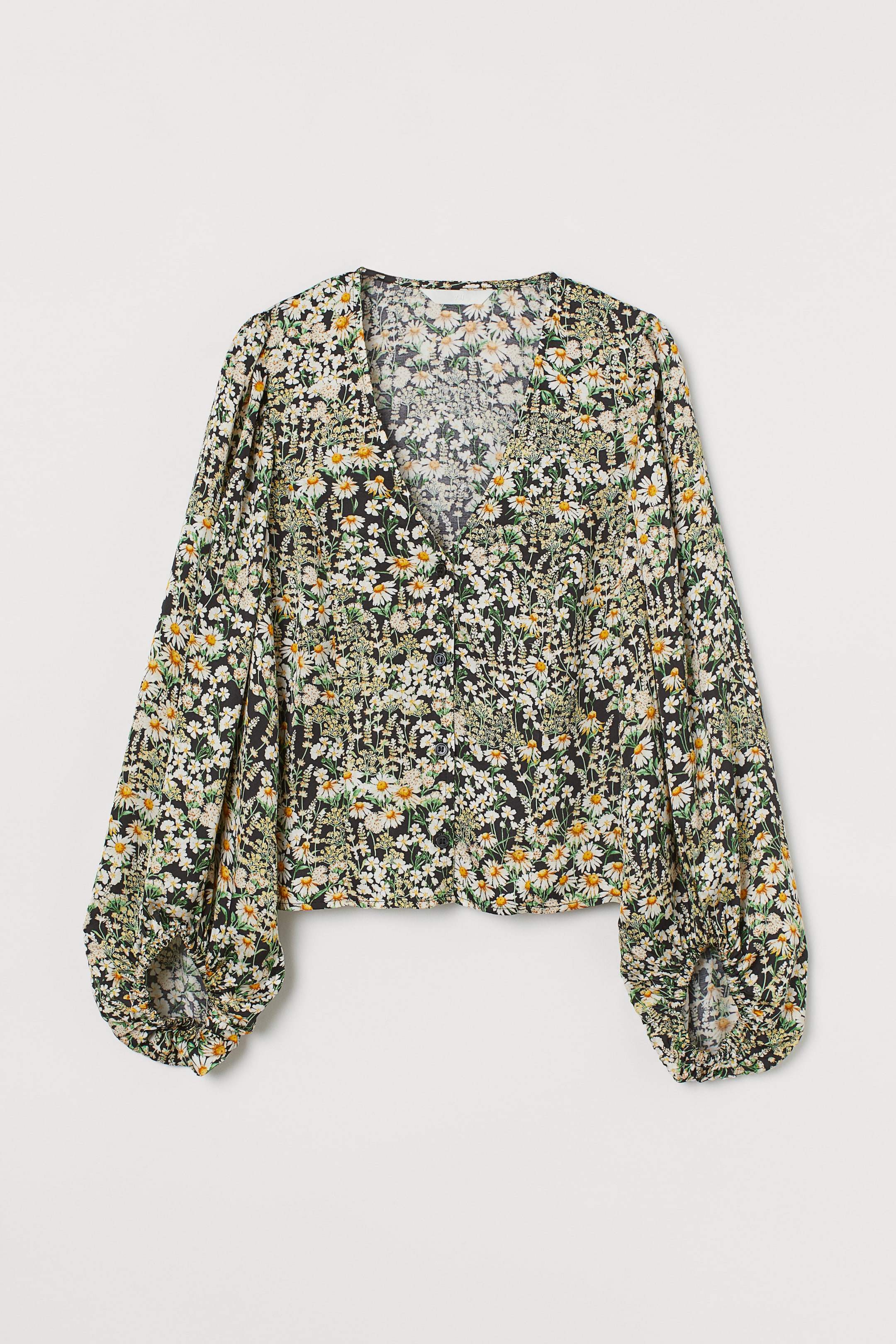 Balloon-sleeved blouse - V-neck - Long sleeve - Dark grey/Floral ...