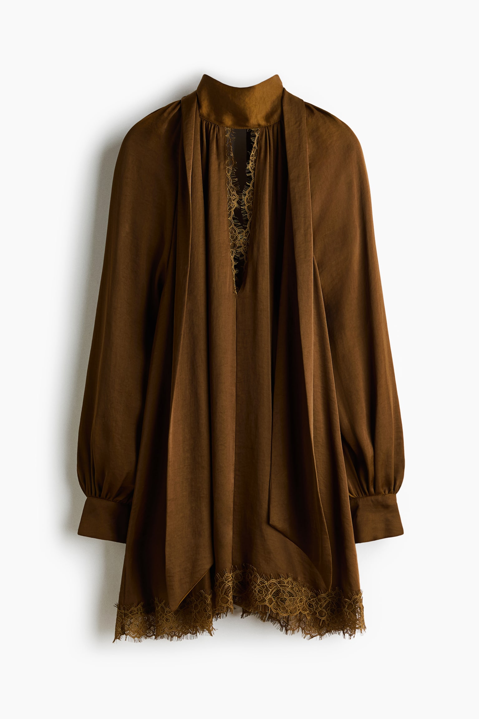 Lace-trimmed balloon-sleeved dress - Dark khaki green - 1