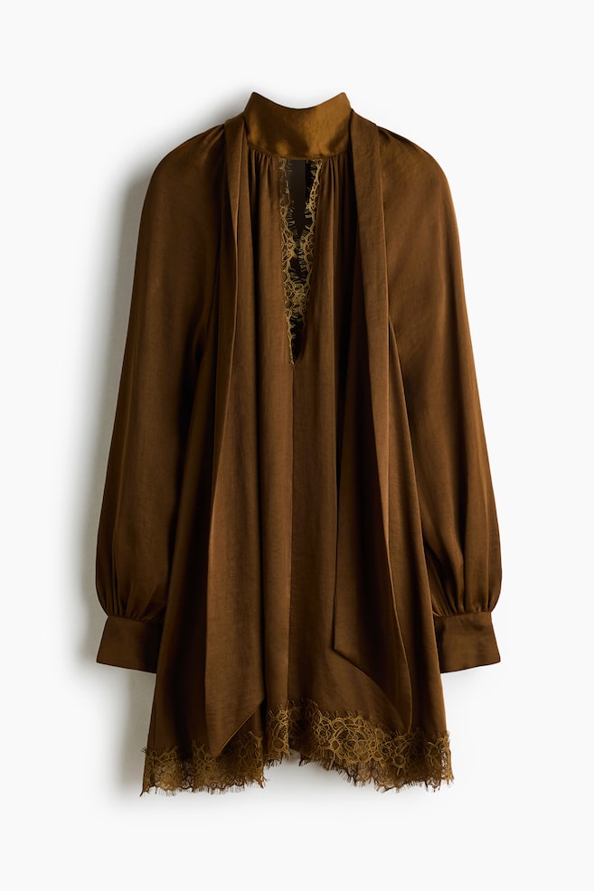 Lace-Trimmed Balloon-Sleeved Dress - Dark khaki green/Dark purple - 1
