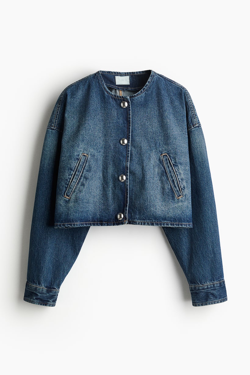 Oversized button-front jacket - Round neck - Long sleeve - Dark denim ...