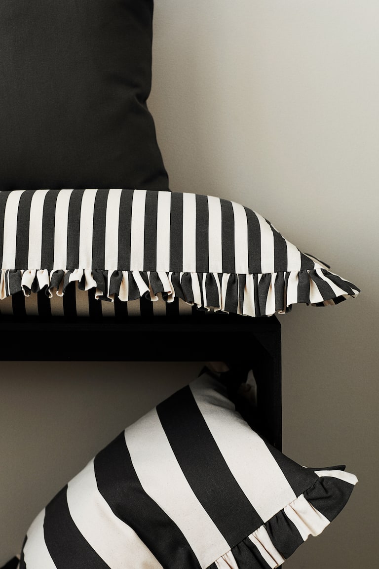 Ruffle-Trimmed Cotton Cushion Cover Black/striped Home All