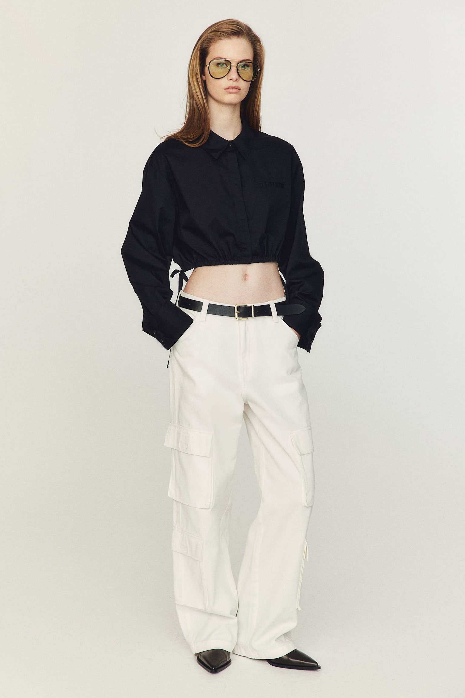 Cropped drawstring-detail shirt - Black/White - 6