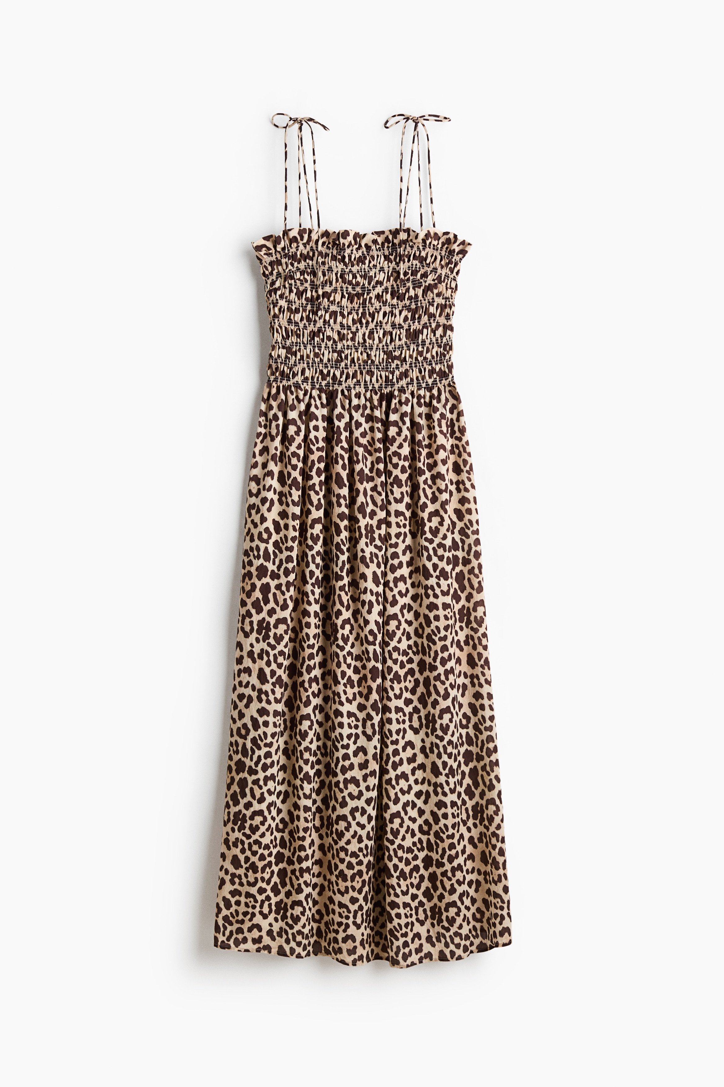 Vestido con talle en punto smock - Beige/Diseño de leopardo/Blanco/Franjas/Rojo vivo