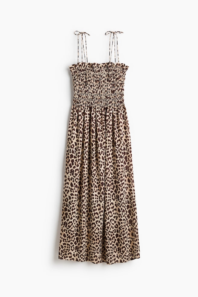 Smocked-Bodice Tie-Strap Dress - Beige/leopard print/White/striped - 1