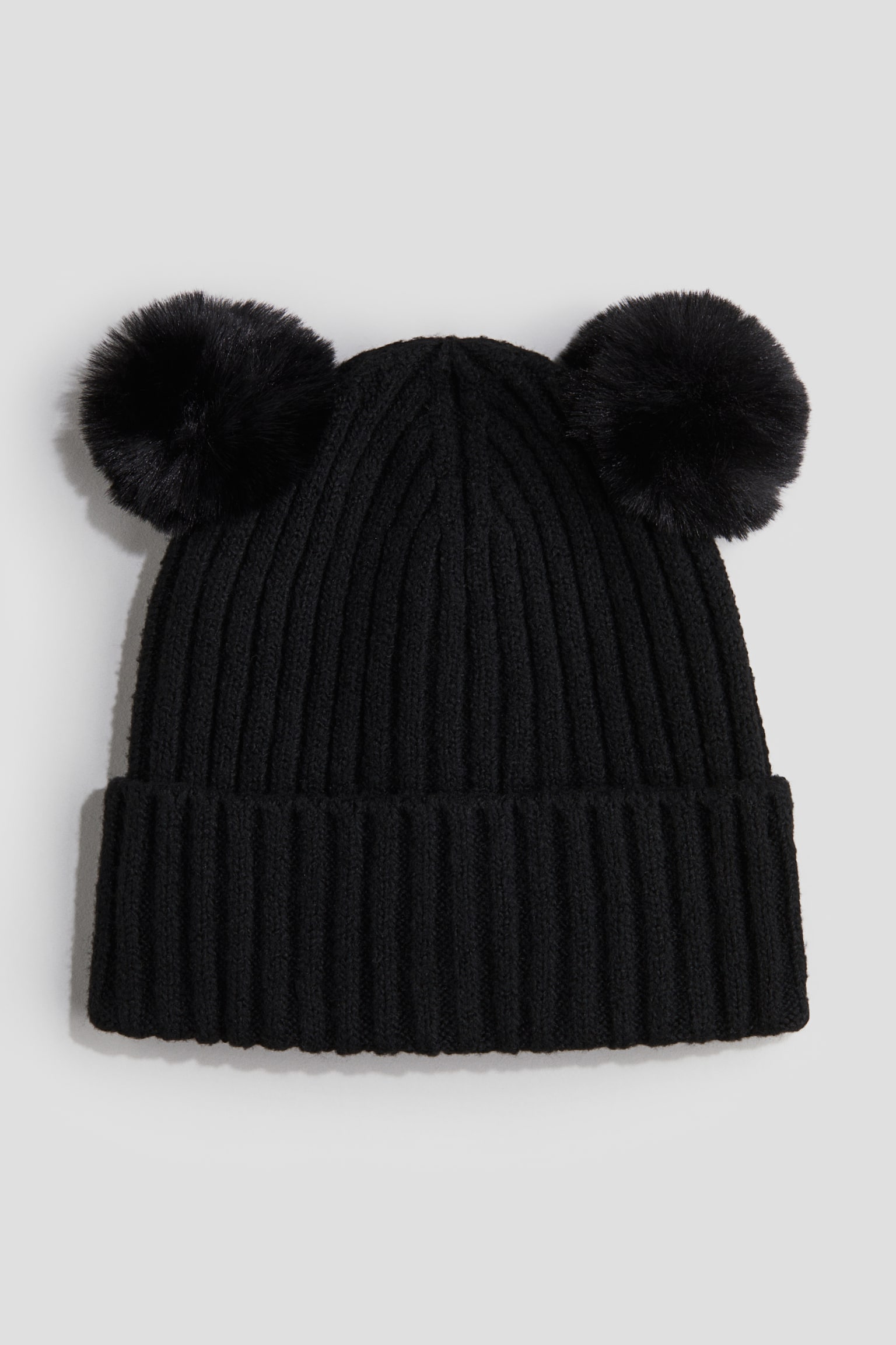 Rib-knit pompom beanie - Black/White - 1