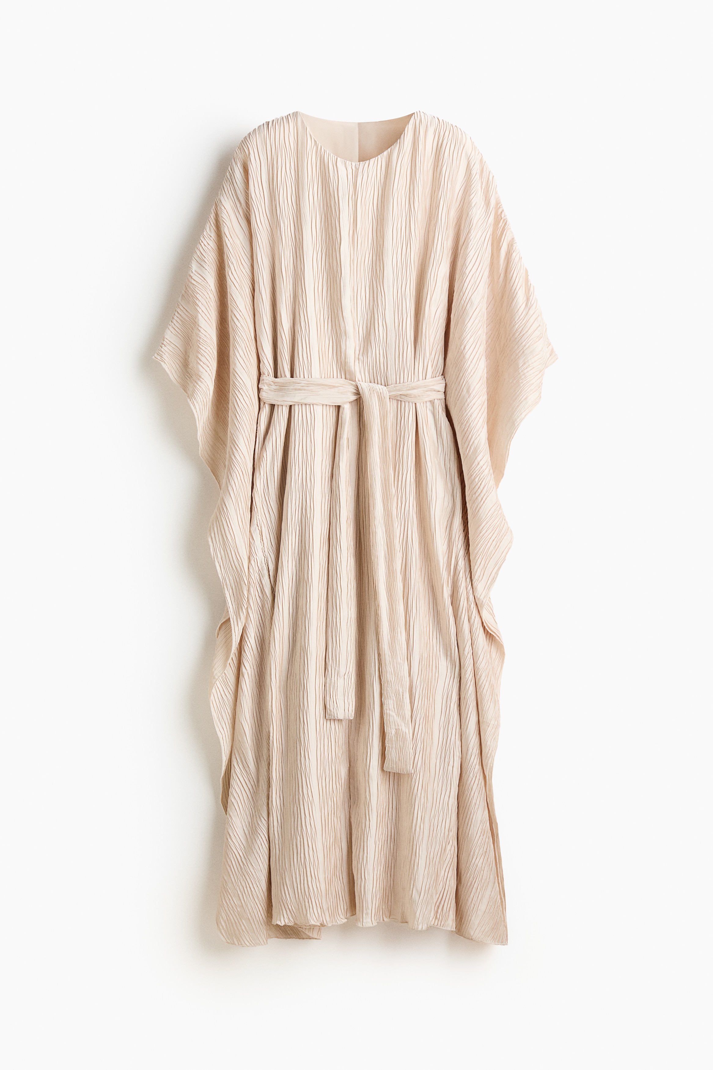 Crinkled Tie-Belt Kaftan Dress - Light beige/Dark khaki green