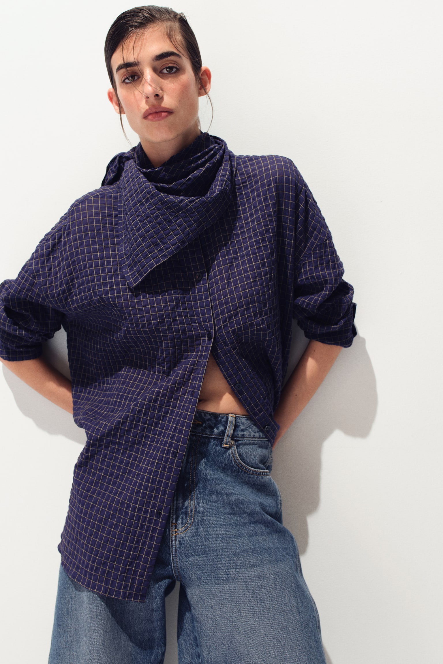 Seersucker shirt with scarf - Dark blue/Checked/Brown - 5