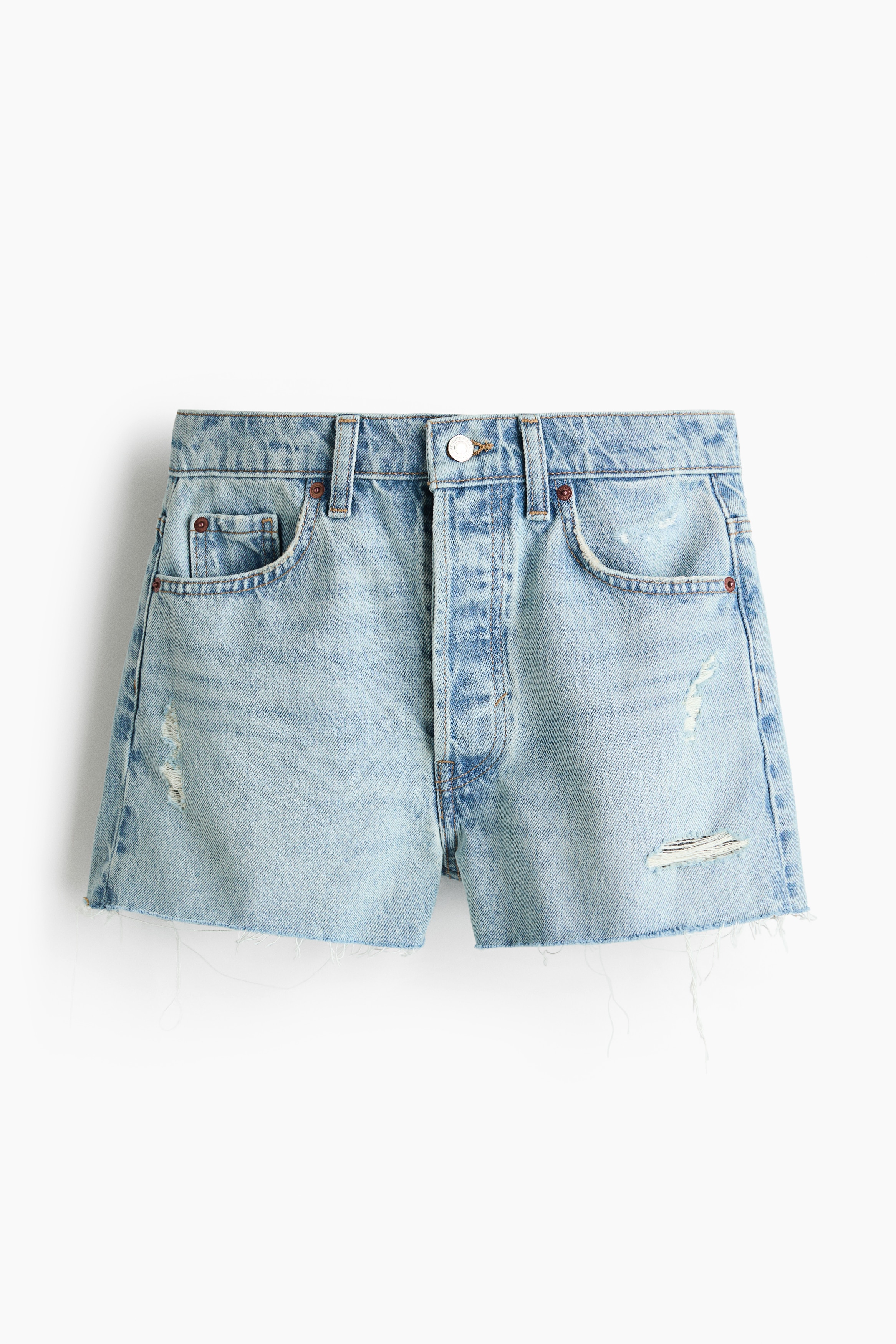 Denimshorts med skåret kant - Lys denimblå/Lys denimblå/Elfenben/Rød