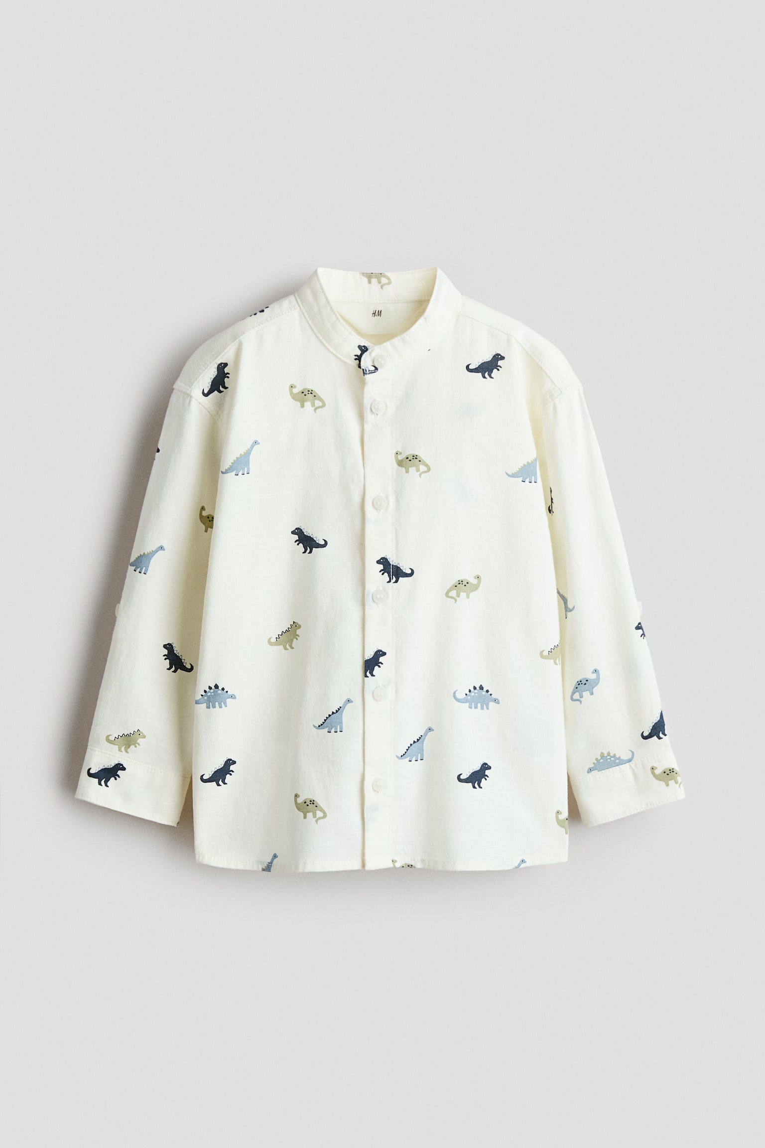 Cotton grandad shirt - Cream/Dinosaurs/White/Green striped/White/Striped