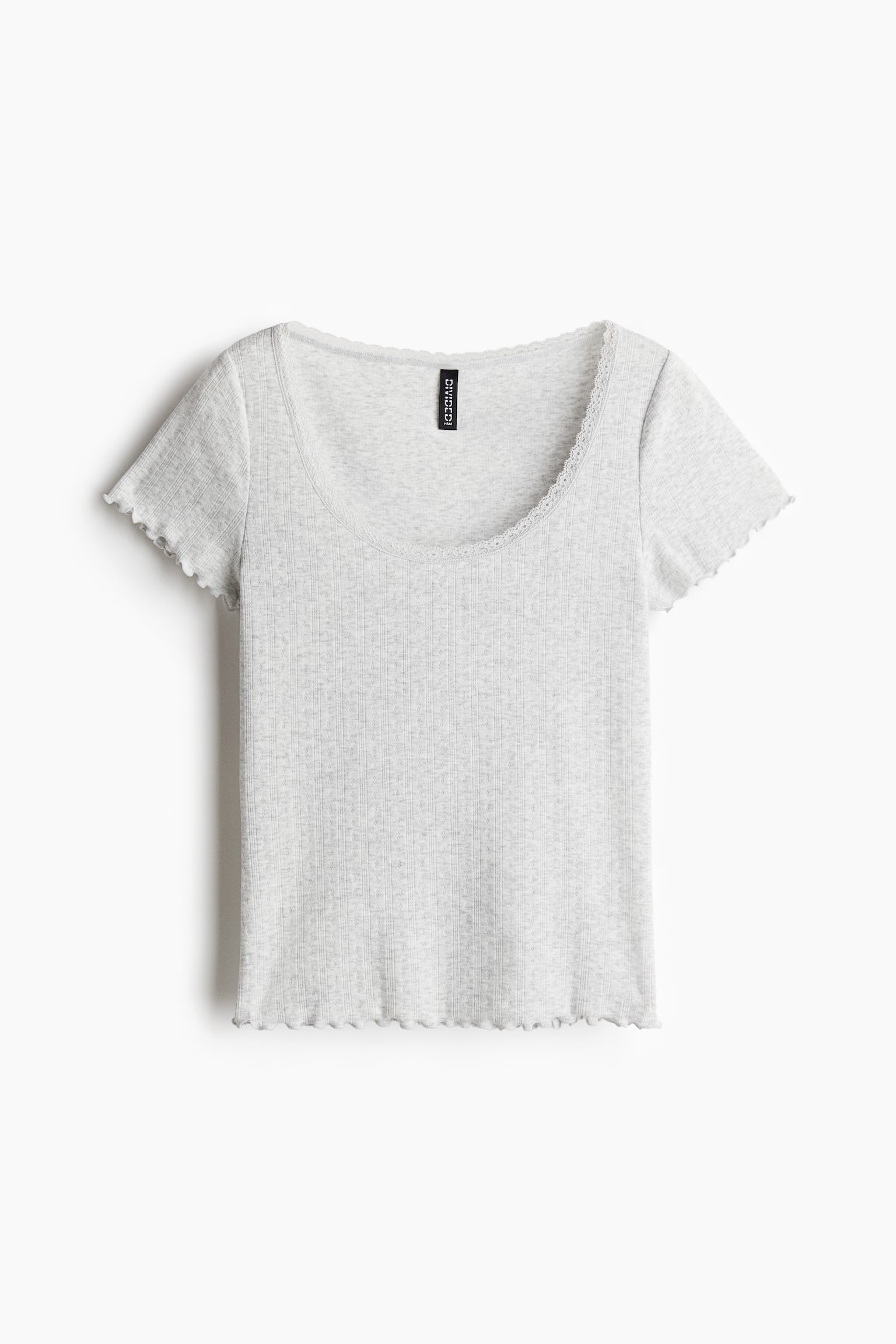 Женская футболка H&M Lace-Trimmed Pointelle, цвет: Светлый серый меланжевый — фото 1