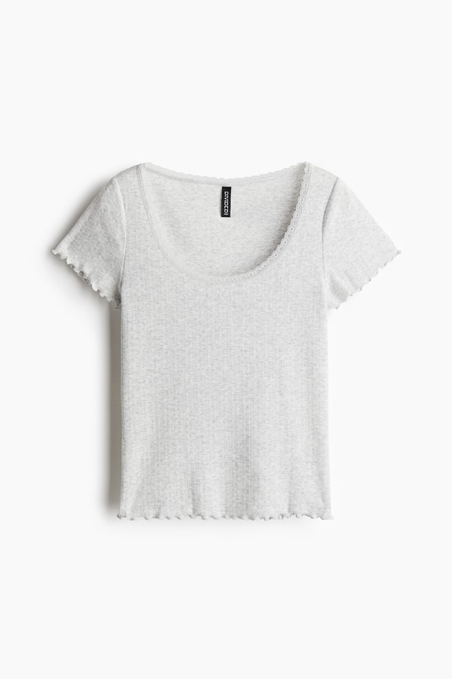 Lace-trimmed pointelle T-shirt - Light grey marl/Light blue/White - 1