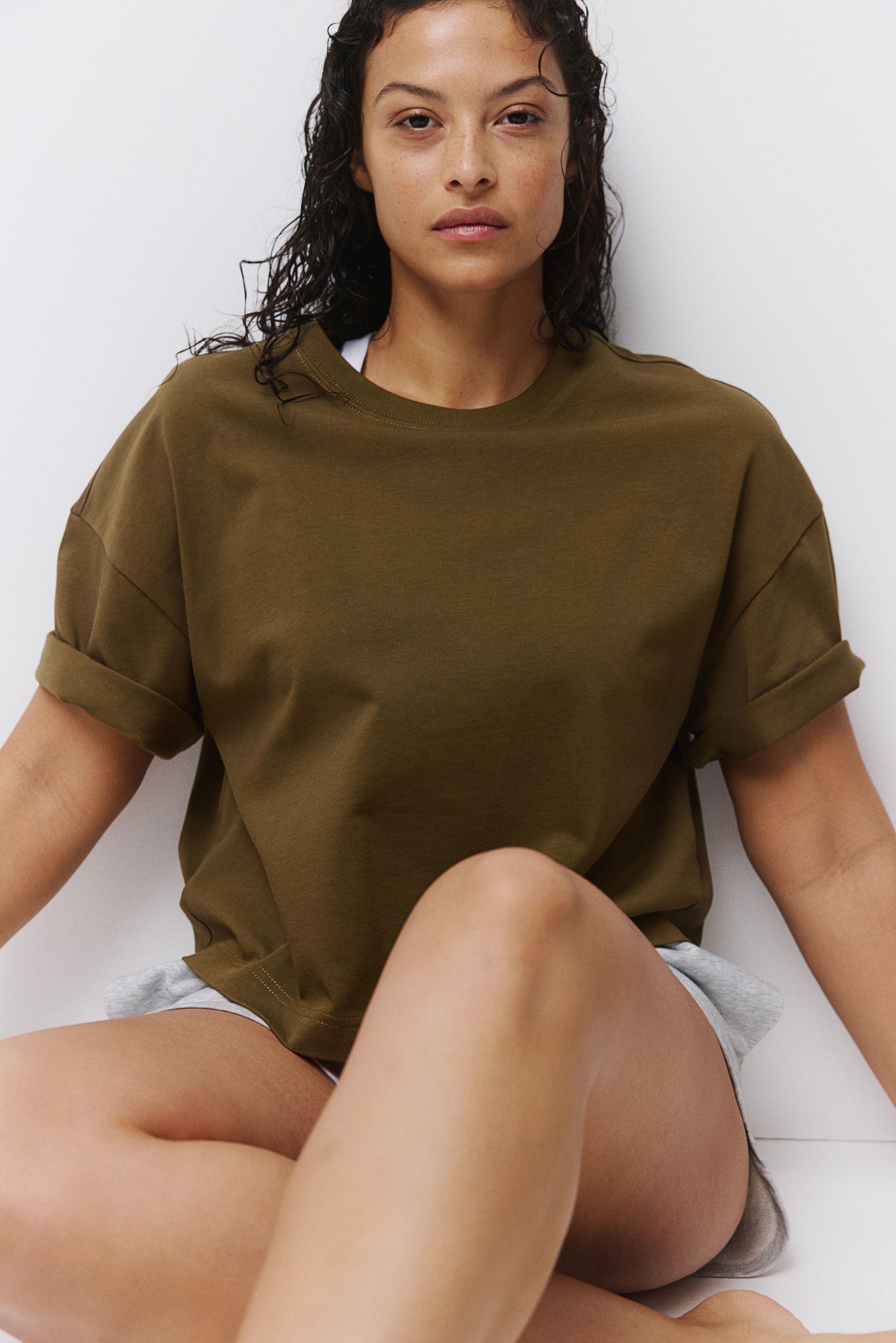 T-shirt de silhueta quadrada - Verde caqui/Branco/Riscas castanho escuro