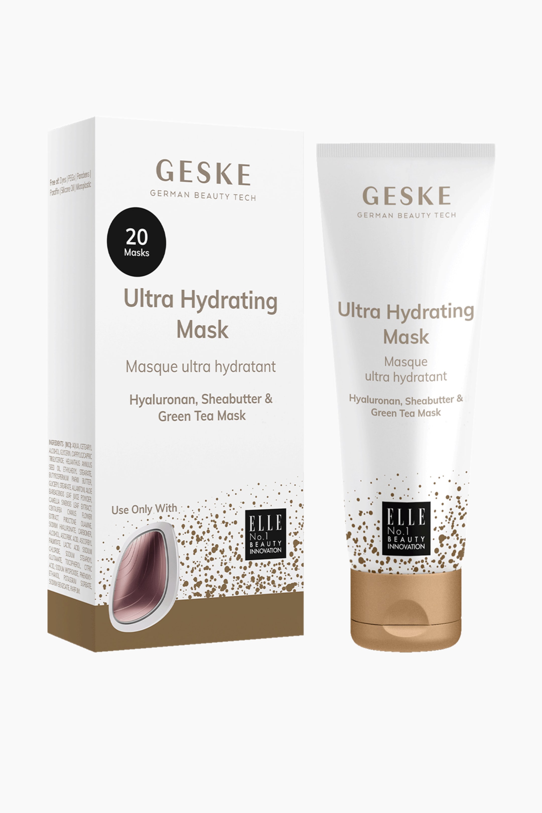 Größeres Bild ansehen: Zwei GESKE Ultra Hydrating Mask Produkte stehen aufrecht: eine weiße rechteckige Box und eine weiße Quetschtube. Die Box ist leicht nach links gerichtet und zeigt „20 Masks“ in einem schwarzen Kreis sowie eine Illustration eines Geräts, während die Tube nach vorne zeigt und einen goldenen Klappverschluss aufweist. Beide Artikel zeigen den Produktnamen, Hauptzutaten wie Hyaluronan, Sheabutter & Grünen Tee, und ein Design mit goldenen Sprenkeln.