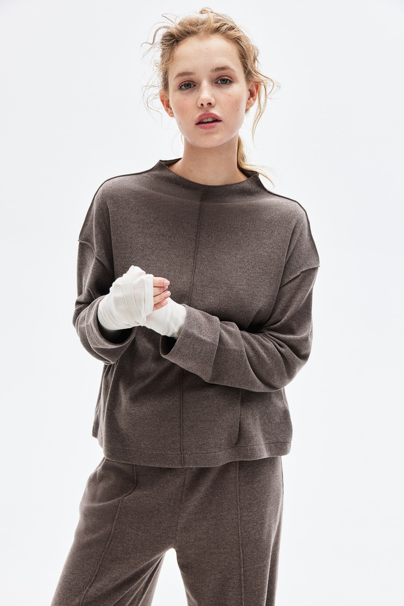 Fine-knit jumper - Dark beige marl/Dark grey marl/Light beige - 1