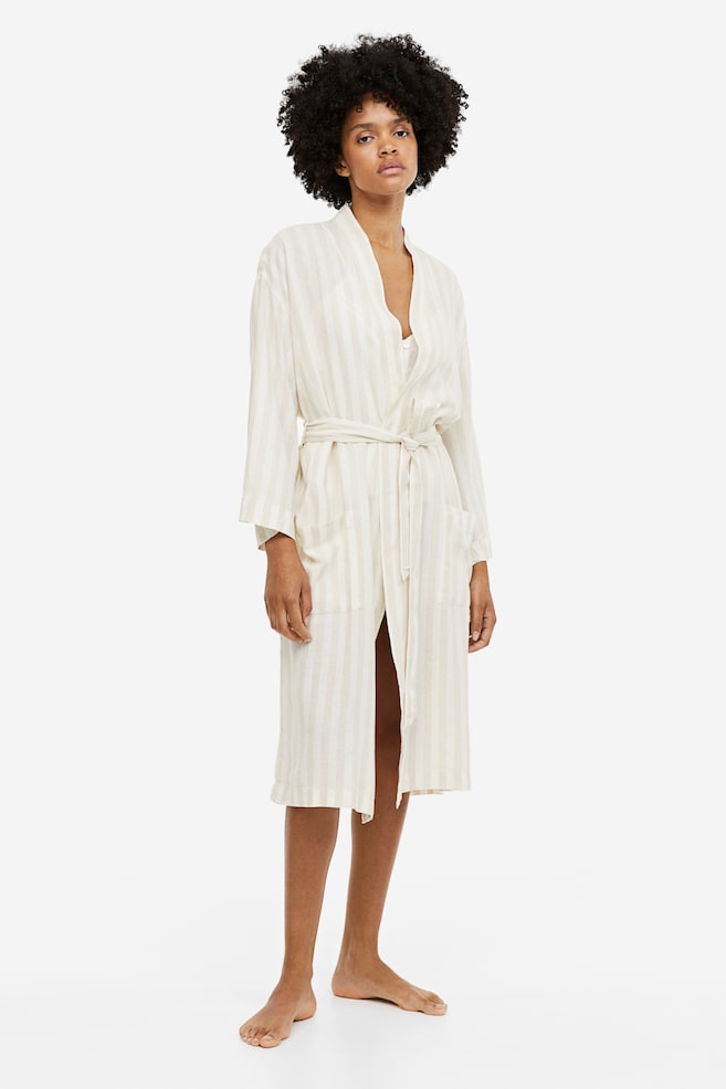 Linen-blend dressing gown - Light beige/Striped - 4