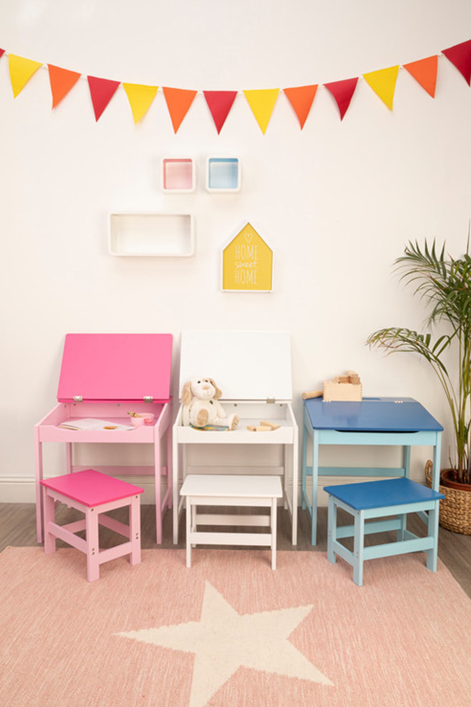 Kids Desk And Stool - White/Pink/Blue - 2