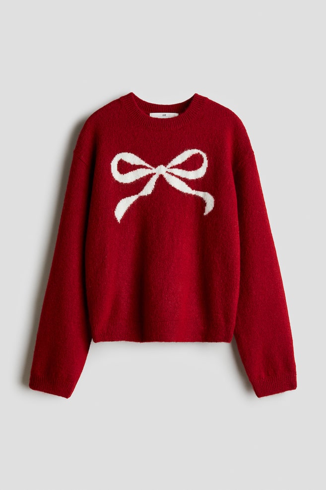 Jacquard-Knit Sweater-Red/bow - 1