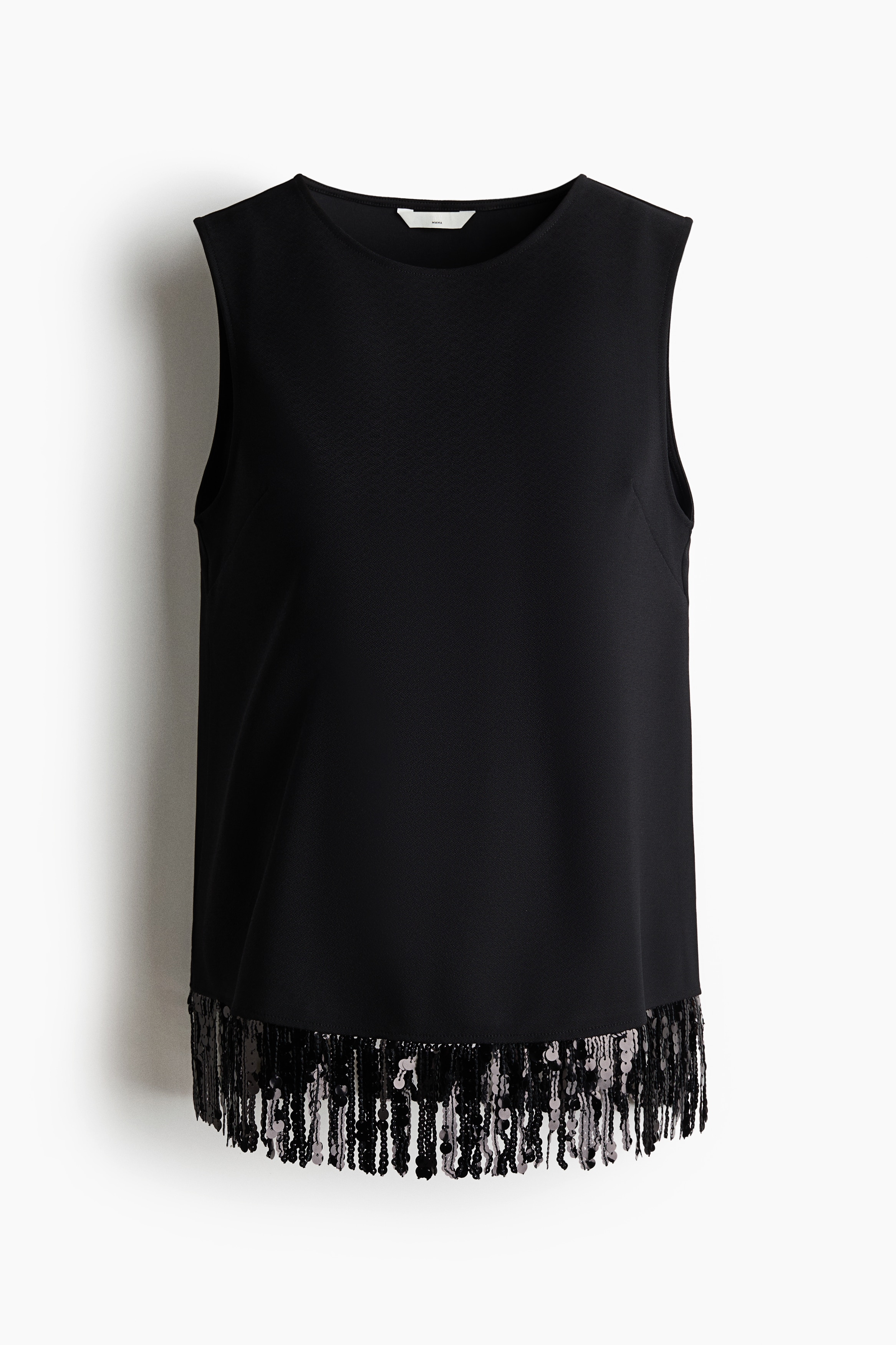 A black sleeveless top is facing the front, featuring a round neckline, a relaxed silhouette, and a straight hem embellished with a dangling sequin fringe.