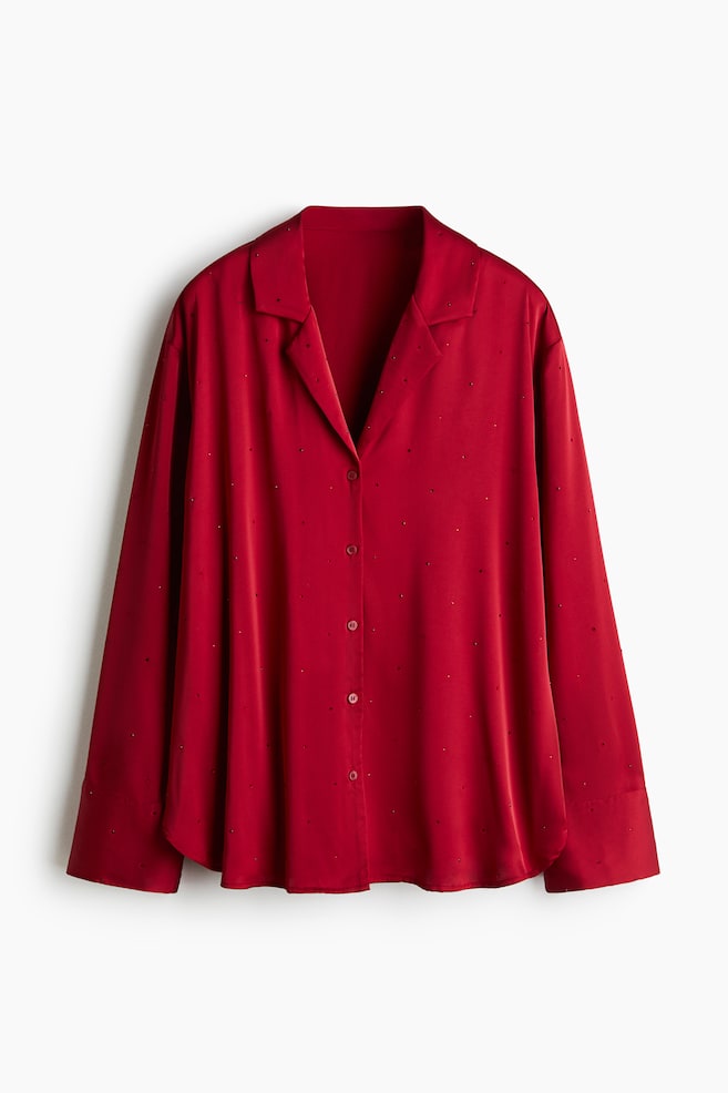 Rhinestone Detail Satin Pyjama Shirt - Dark red/Black - 1
