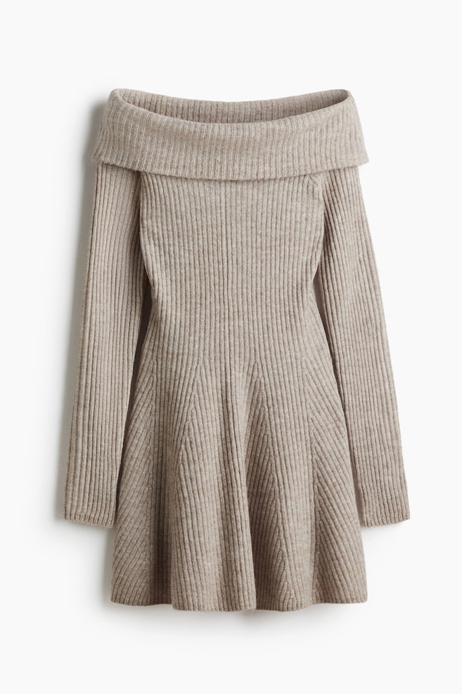Rib-Knit Off-the-Shoulder Dress - Beige melange/Dark khaki green/Cream/Red/Dark gray melange - 1