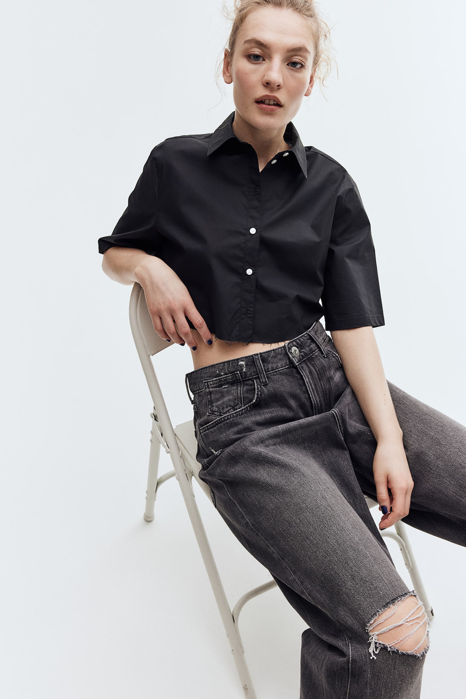 Cropped cotton shirt - Black/Blue/Striped/Brown/Orange/White - 4