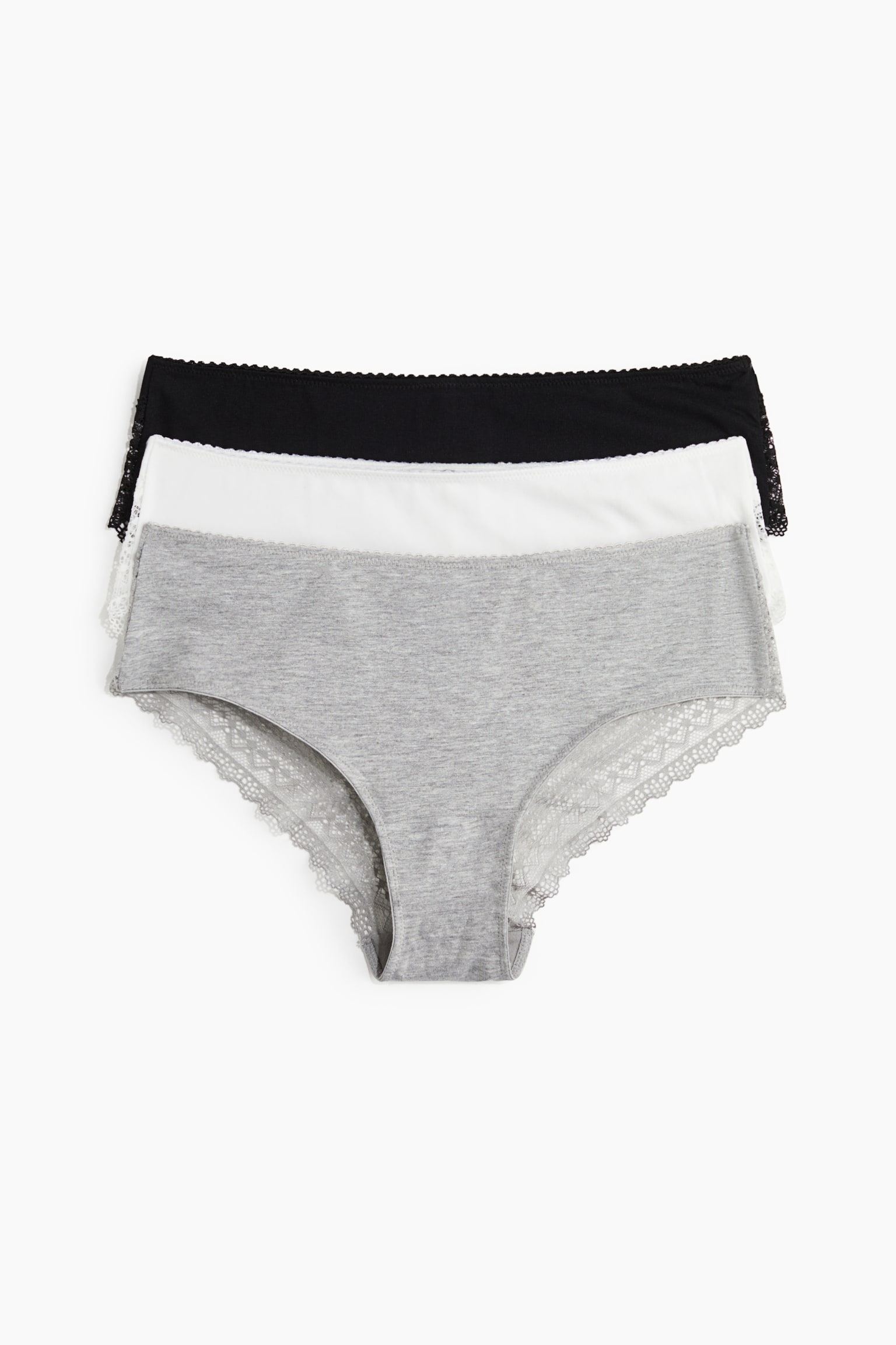 Трусы-хипстер, хлопок, кружево, 3 шт. — H&M, цвет: Серый меланжевый / Белый — фото 1