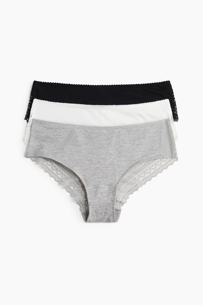 3-pack Panties hipster de algodón y encaje - Gris jaspeado/Blanco/Negro/Negro - 1