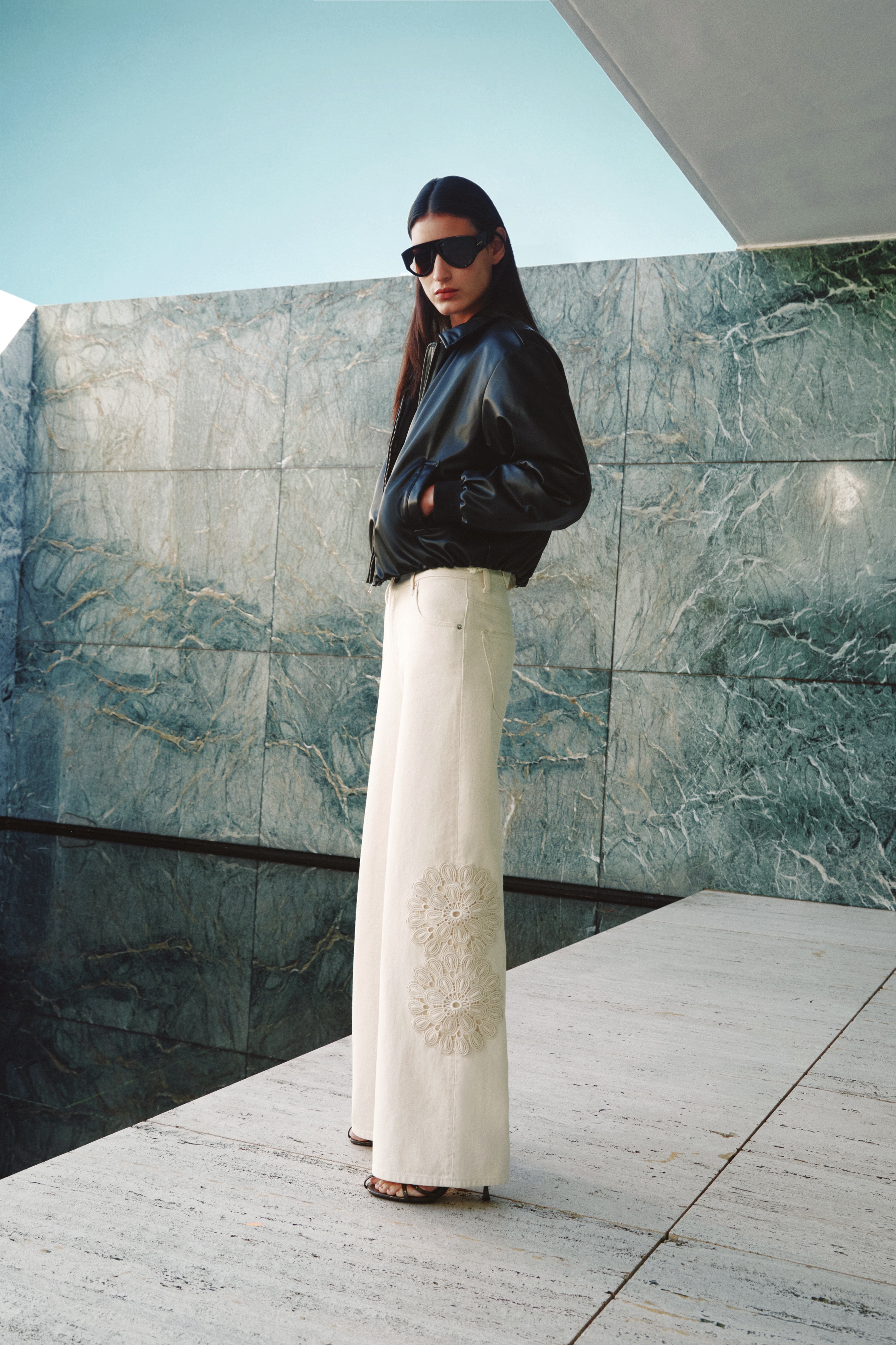 Jean avec détails façon crochet - Crème/Noir