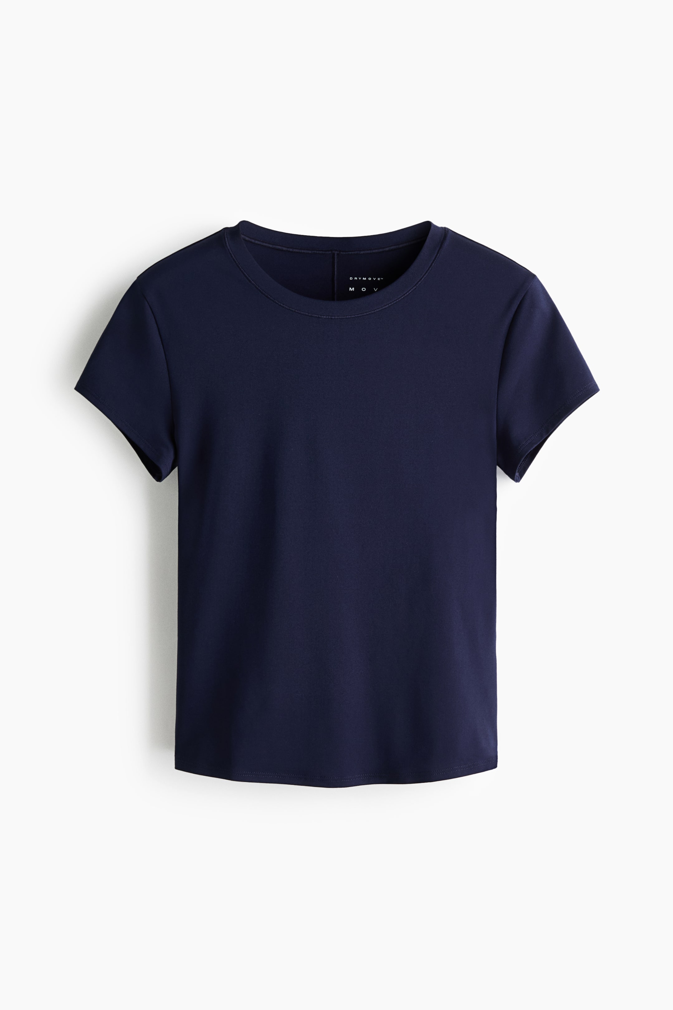 Ampliar la imagen: Top deportivo con DryMove. El top deportivo azul oscuro presenta su parte frontal, con un cuello redondo y mangas cortas. Una etiqueta negra que muestra 'DRYMOVE' es visible en la parte trasera del cuello.