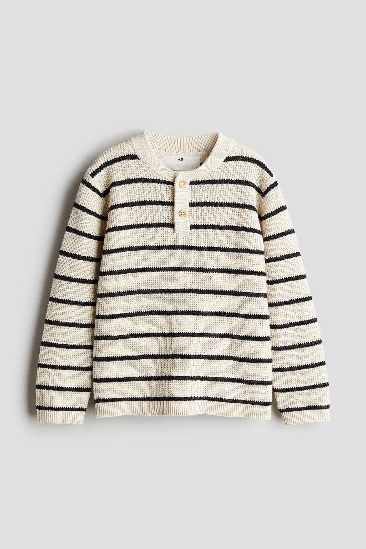 Waffle-knit Henley jumper - Cream/Striped/Khaki green - 1