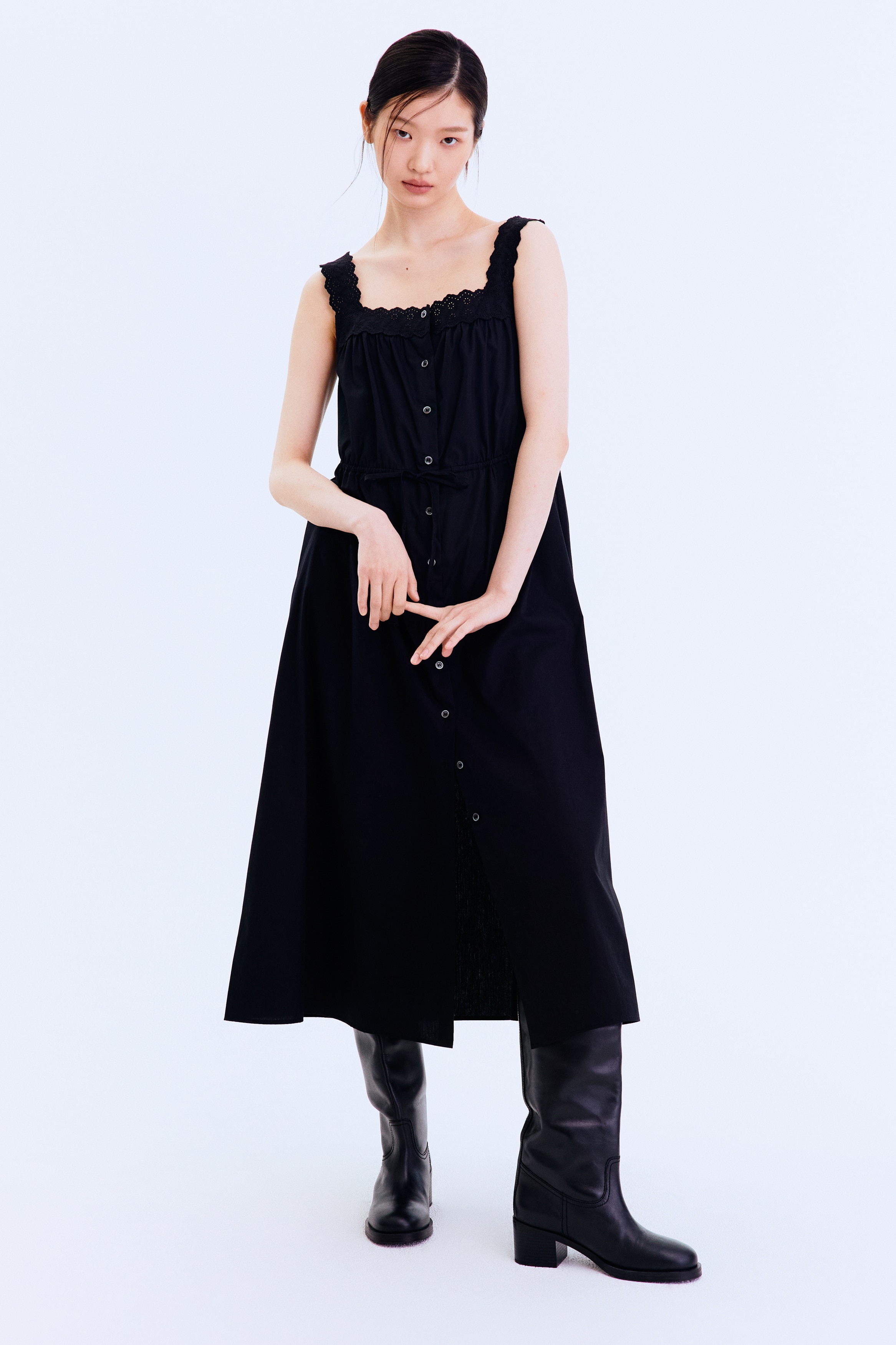 Drawstring-Detail Poplin Dress - Black/Light blue/White