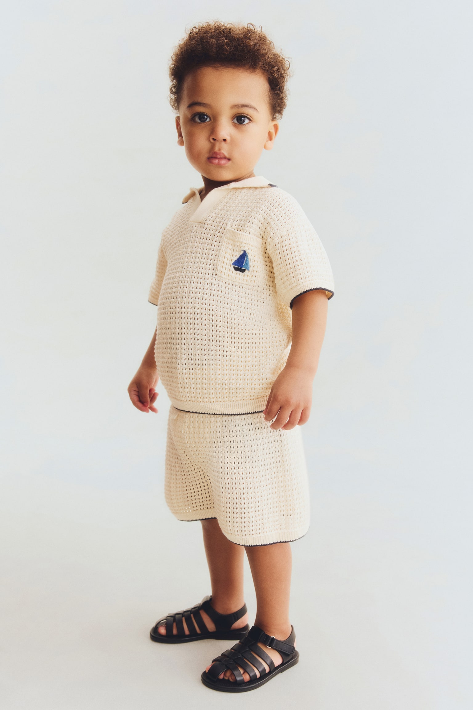 Ensemble 2 pièces en tricot de coton ajouré - Beige clair/voilier - 1