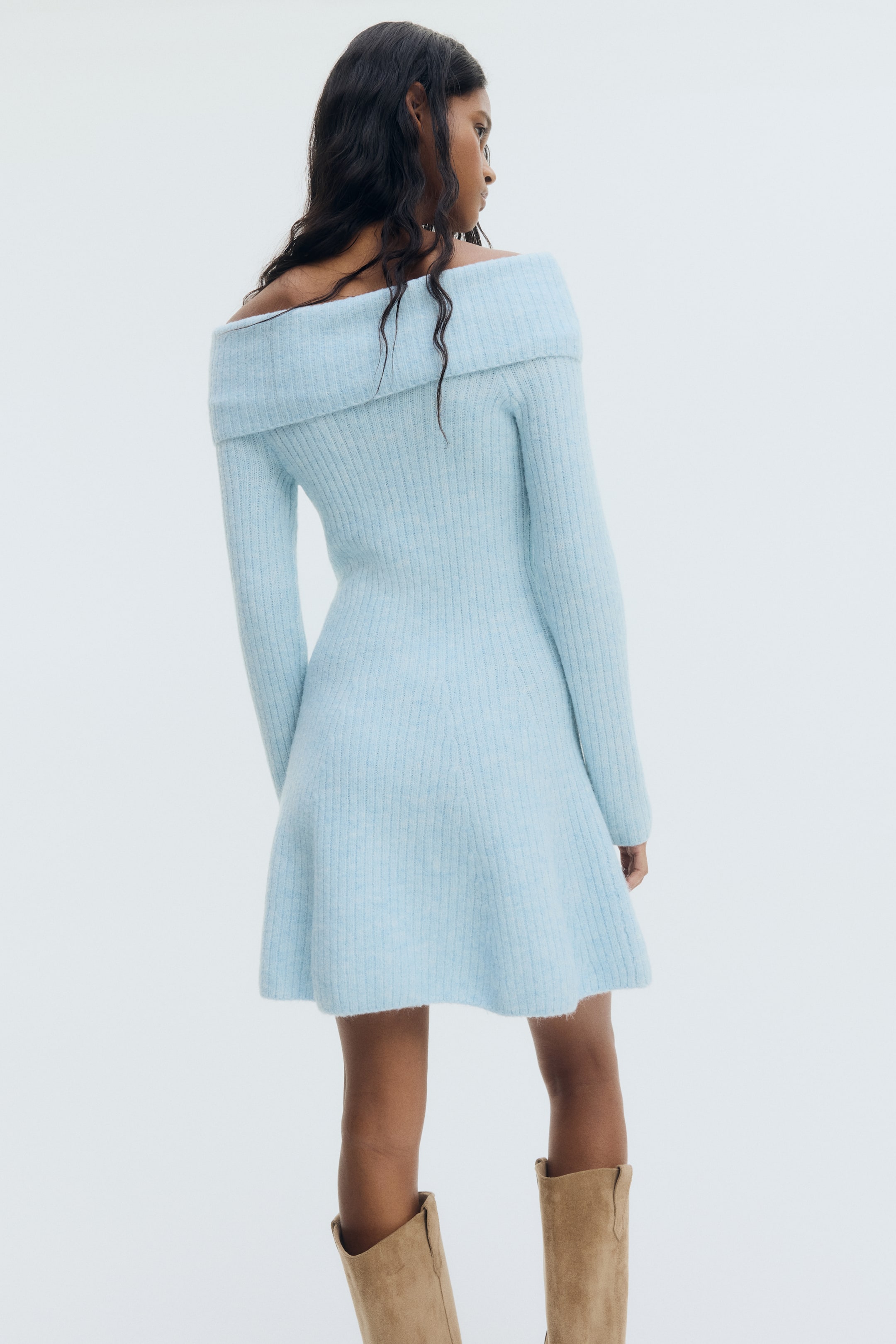 View larger image: Rib-knit off-the-shoulder dress - Light blue marl - Ladies | H&M GB 4