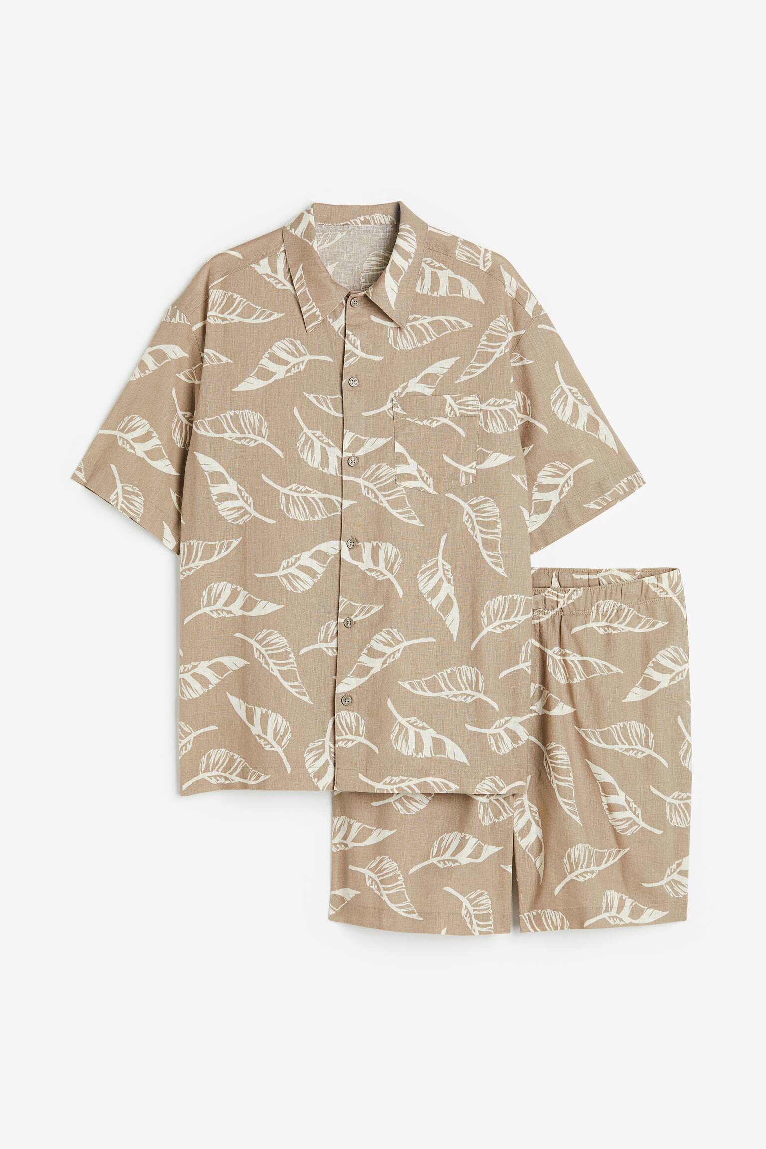 Shorts misto lino Relaxed fit - Verde kaki/motivo a foglie