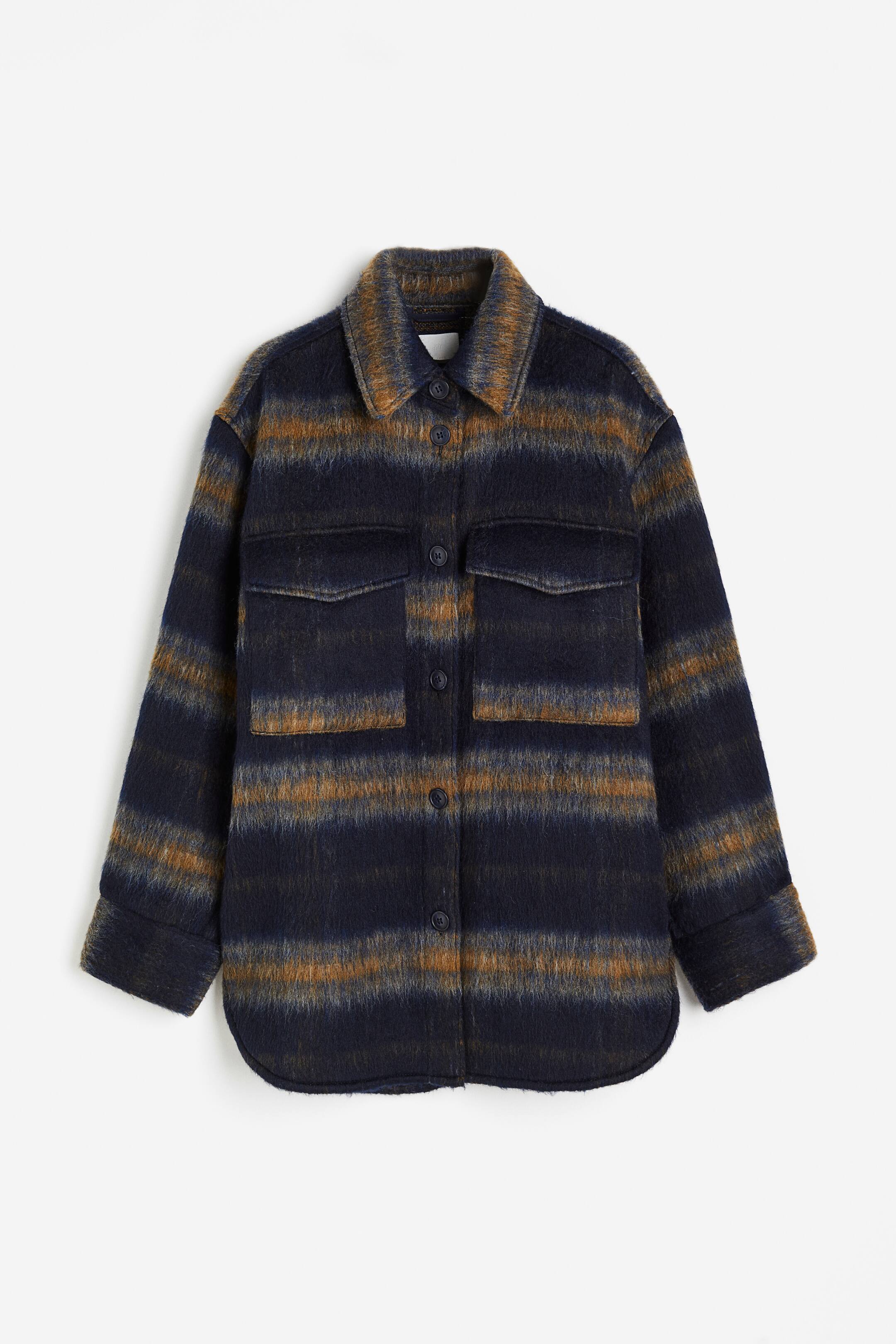 Agrandir l'image: Veste-chemise oversize en laine mélangée - Bleu foncé/rayures orange - FEMME | H&M FR 1