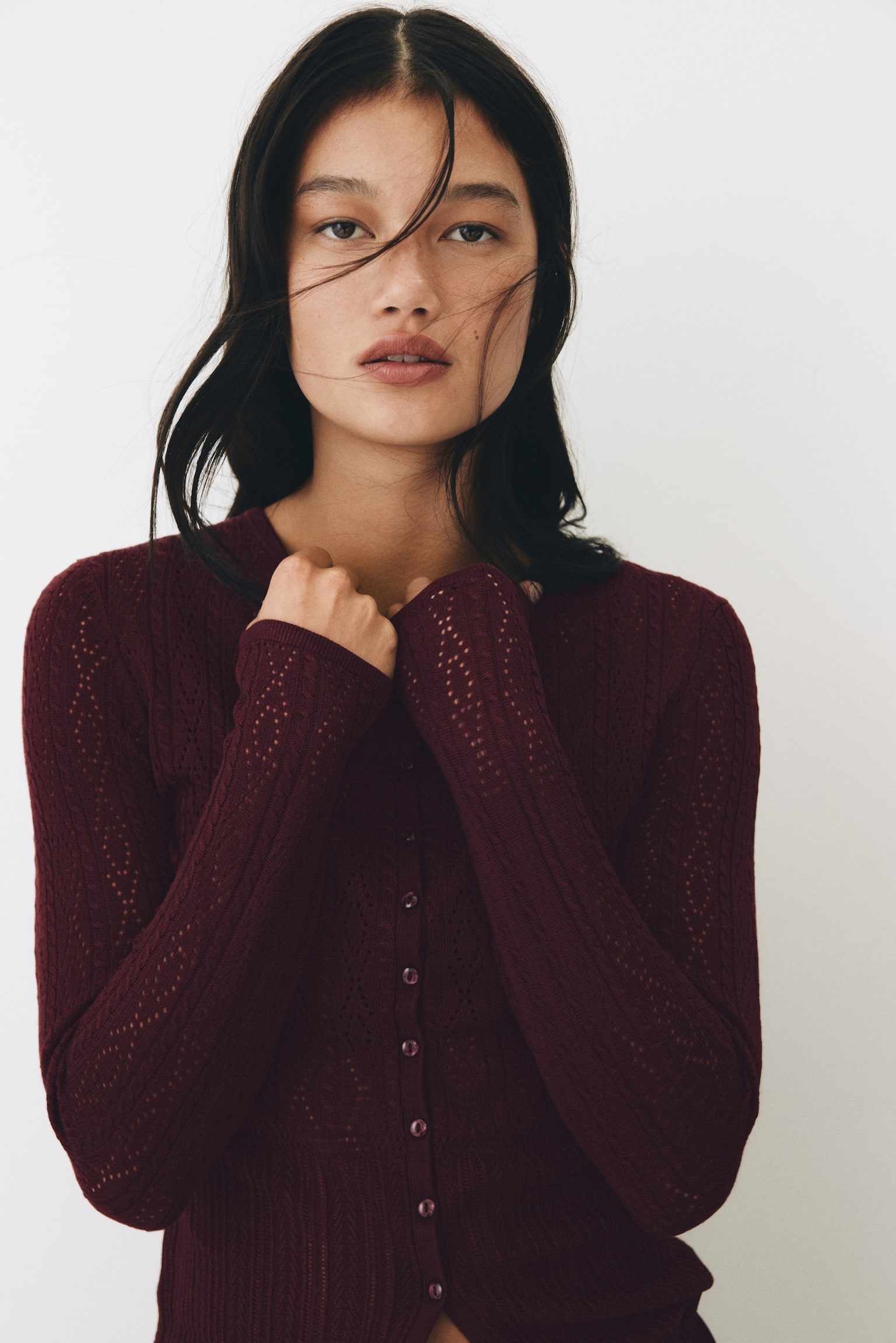 Pointelle-knit cardigan - Burgundy/White - 5