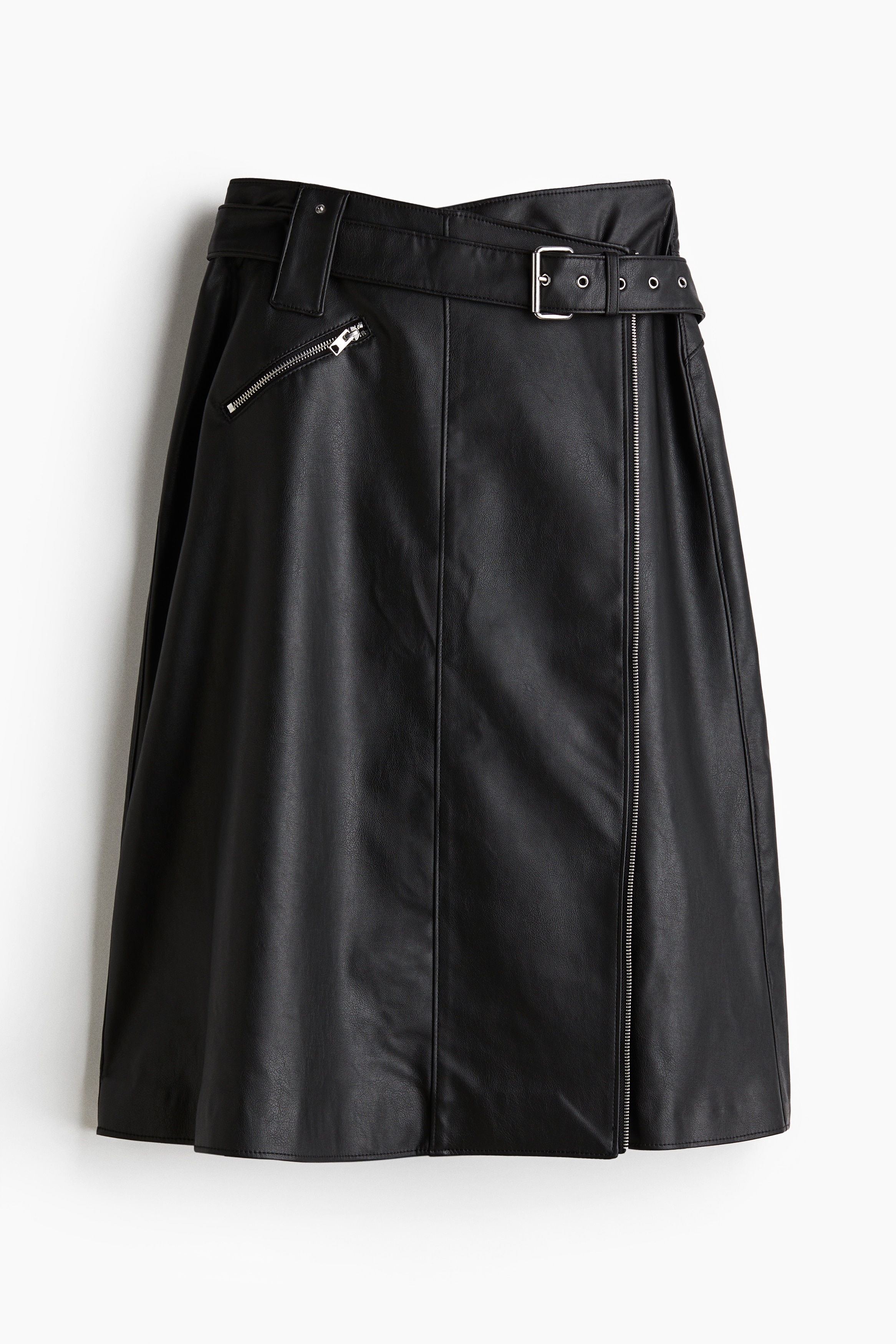 腰帶造型塗層中長裙 - 黑色