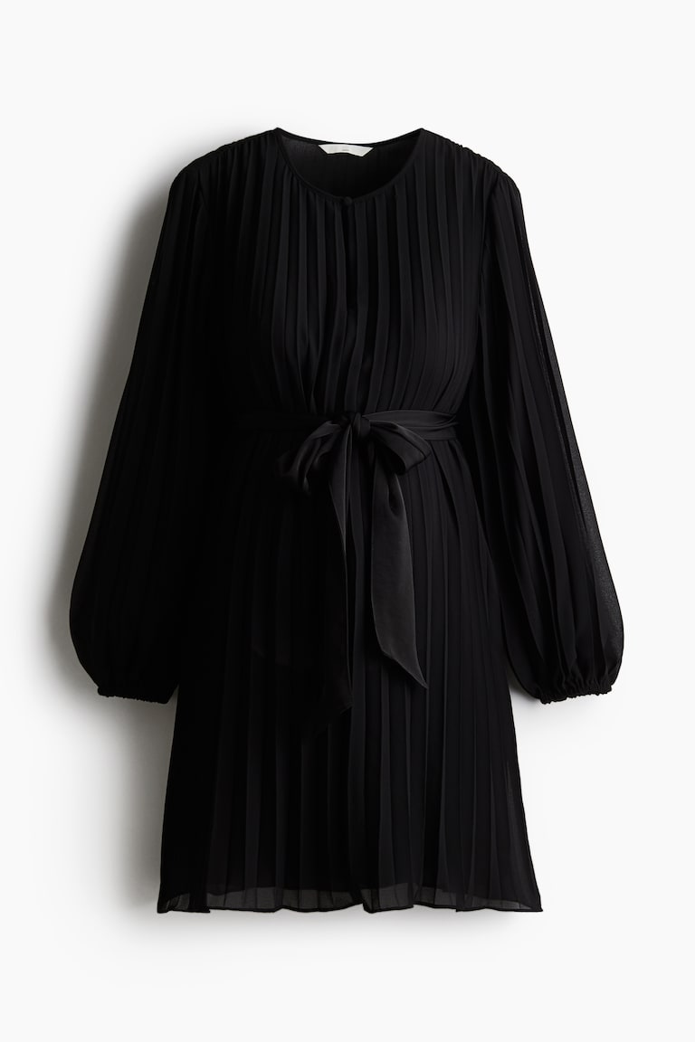 pleated tie belt dress h&m Women's Black MAMA Pleated tie-belt dress