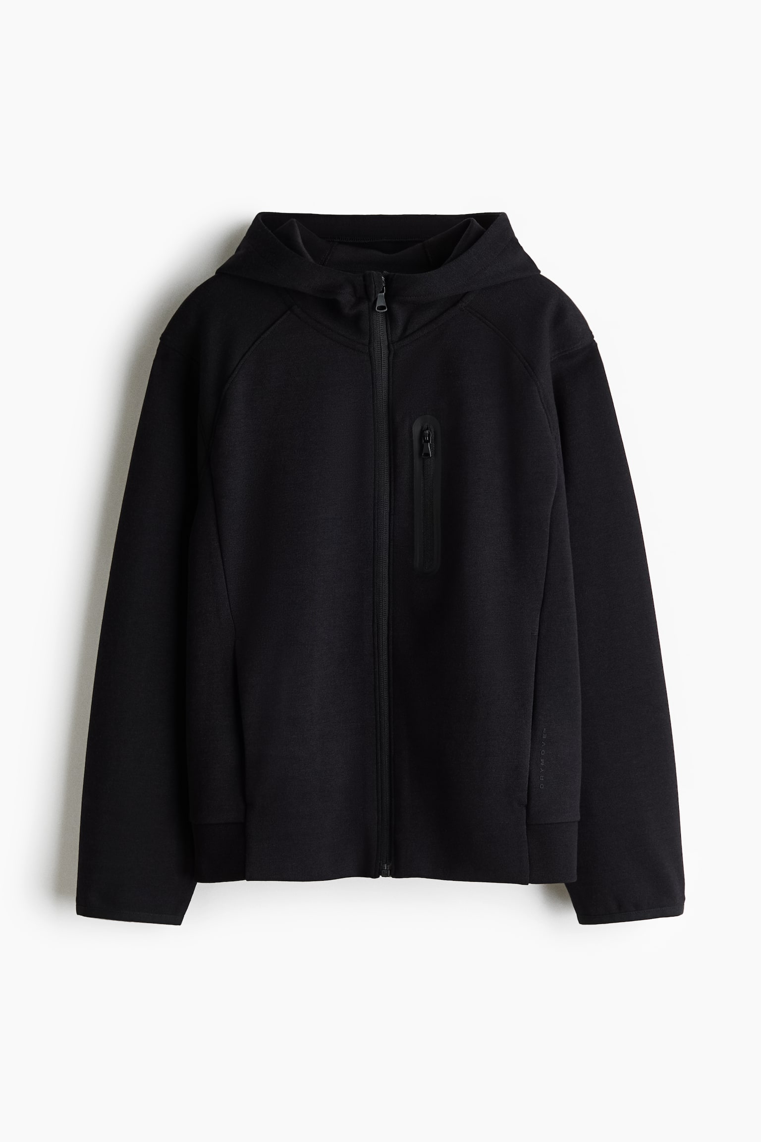 A black hoodie is facing forward, featuring a full-zip fastening, a hood, and a vertical zippered chest pocket on the wearer's left side. It showcases long raglan sleeves with banded cuffs and a banded hem, along with subtle "DRYMOVE" text vertically on the lower right sleeve. - 1