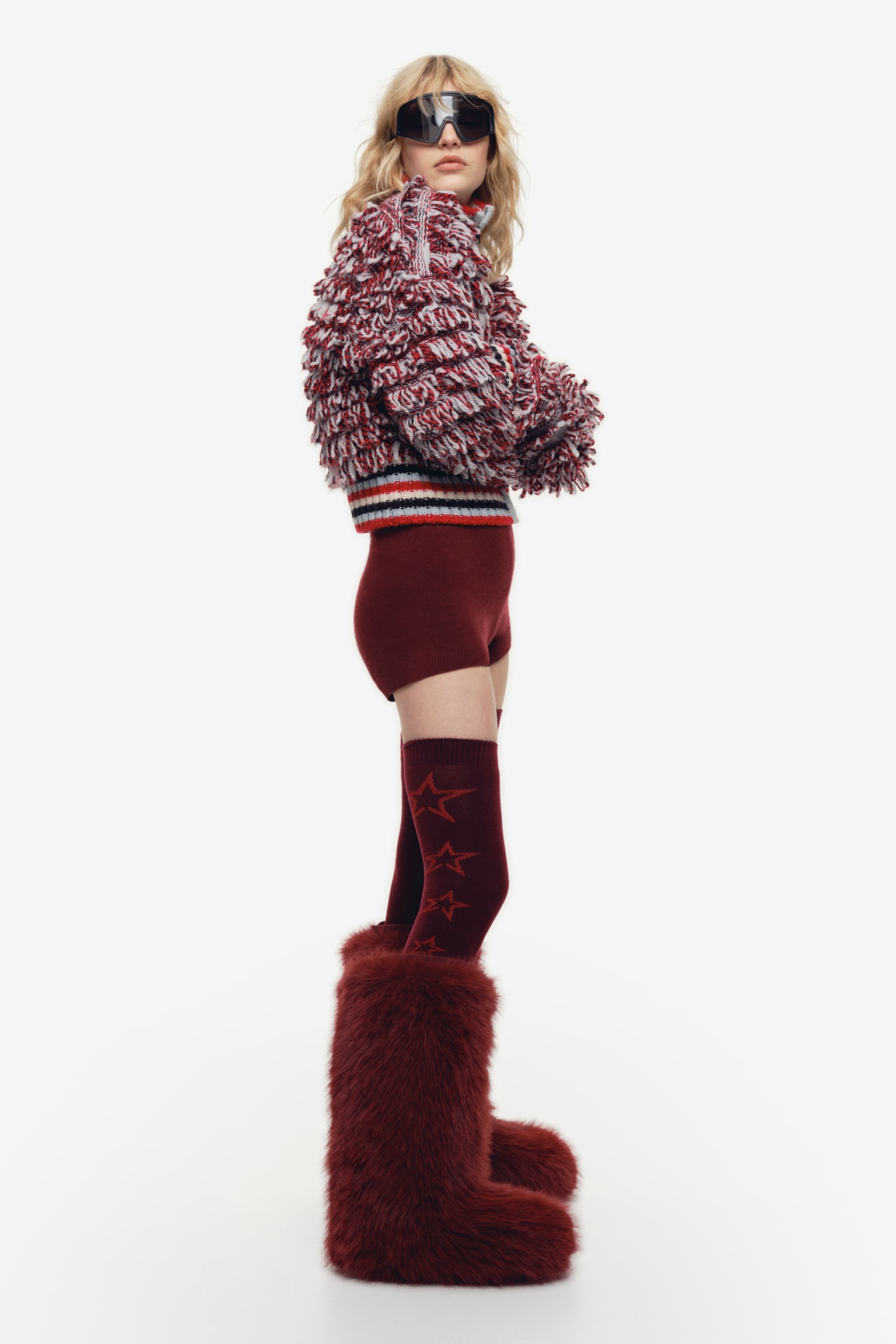 Bouclé-knit wool cardigan - Red/Striped - 1