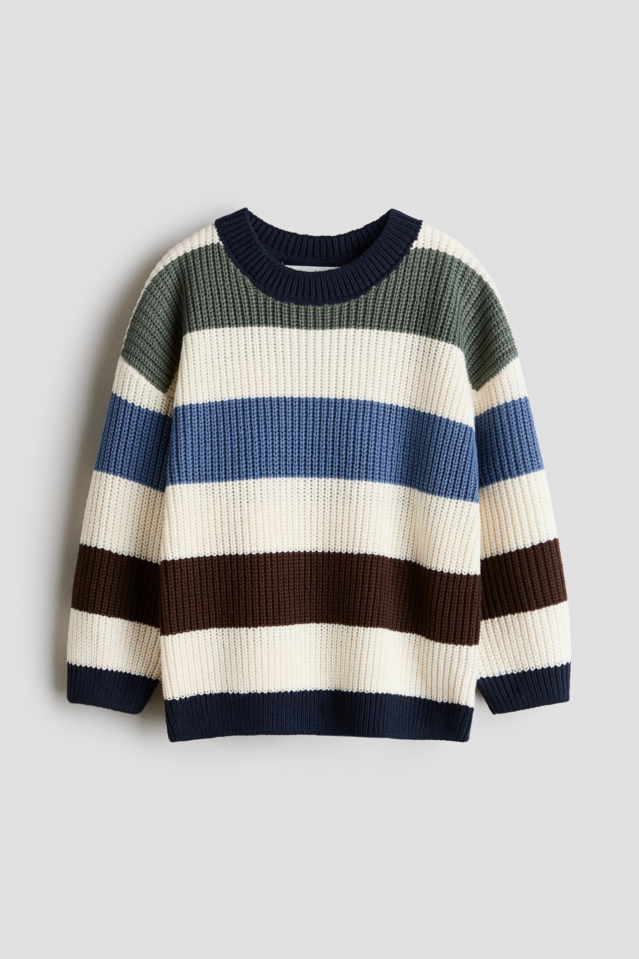 View larger image: A knitted jumper showcasing horizontal stripes in navy blue, cream, light blue, olive green, and brown. It is crafted with a ribbed crew neck, cuffs, and hem.