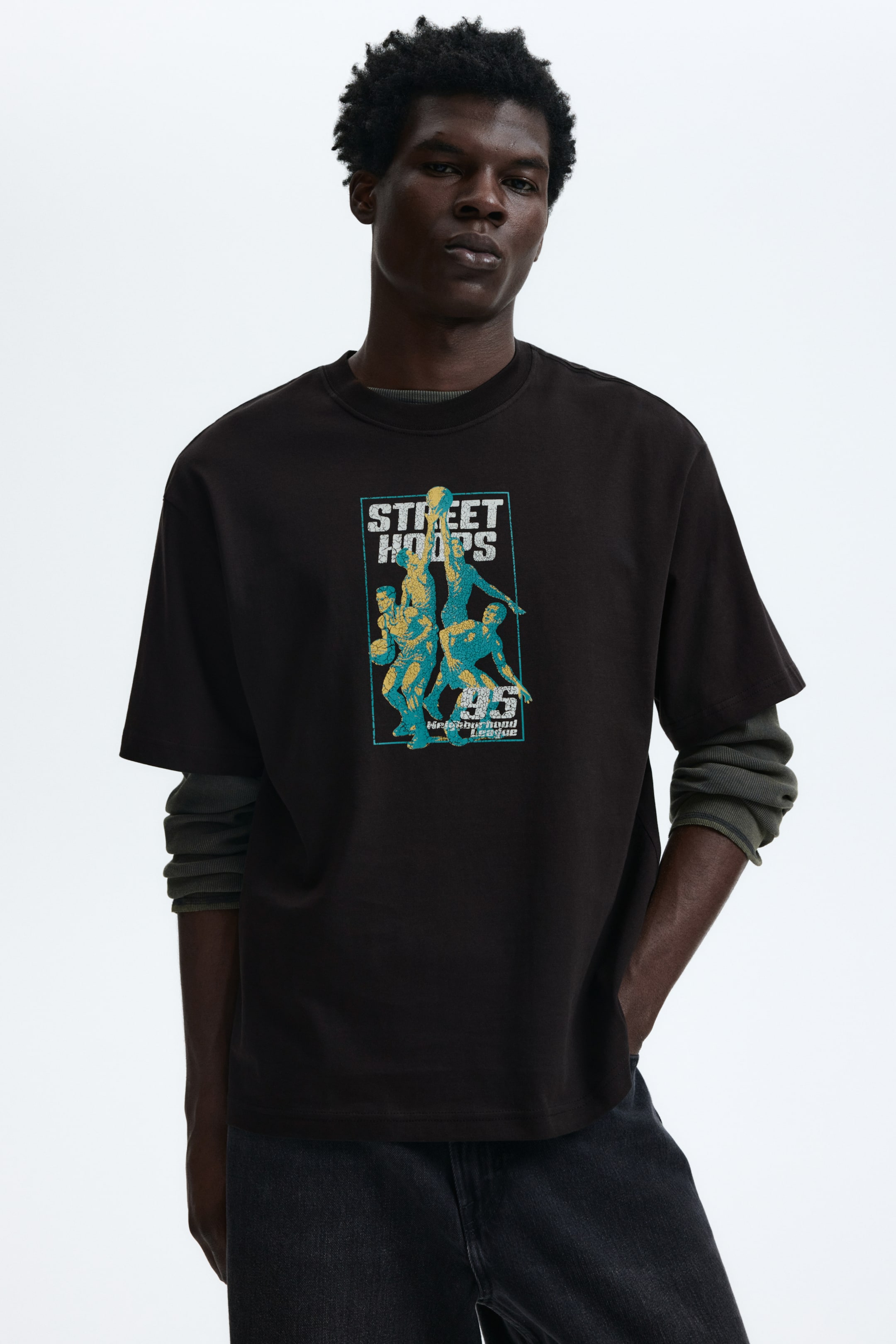 View larger image: Loose Fit Printed T-shirt - Brown/Street Hoops - Men | H&M US 1