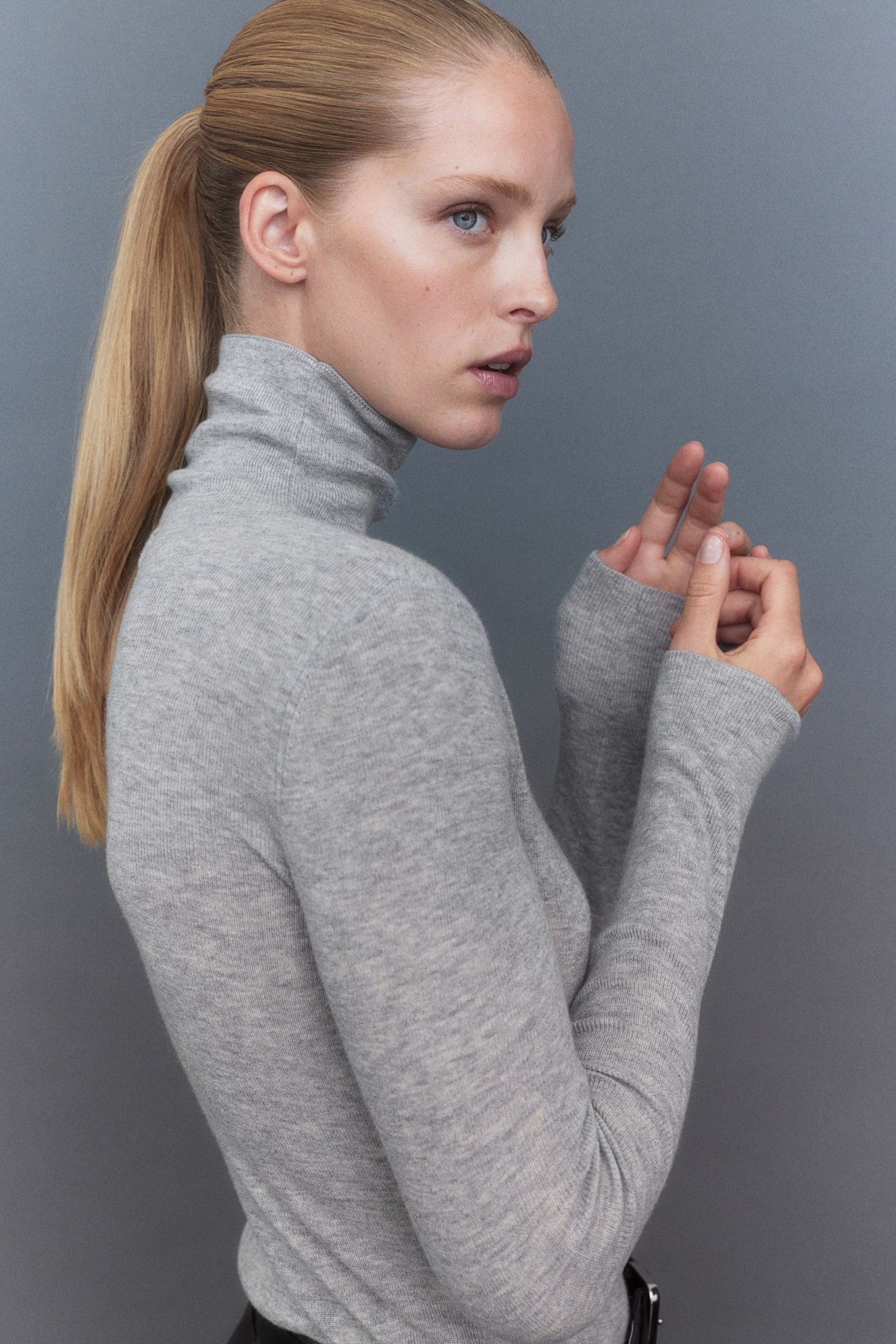 Cashmere-blend polo-neck jumper - Light grey marl/Black/Cream - 4